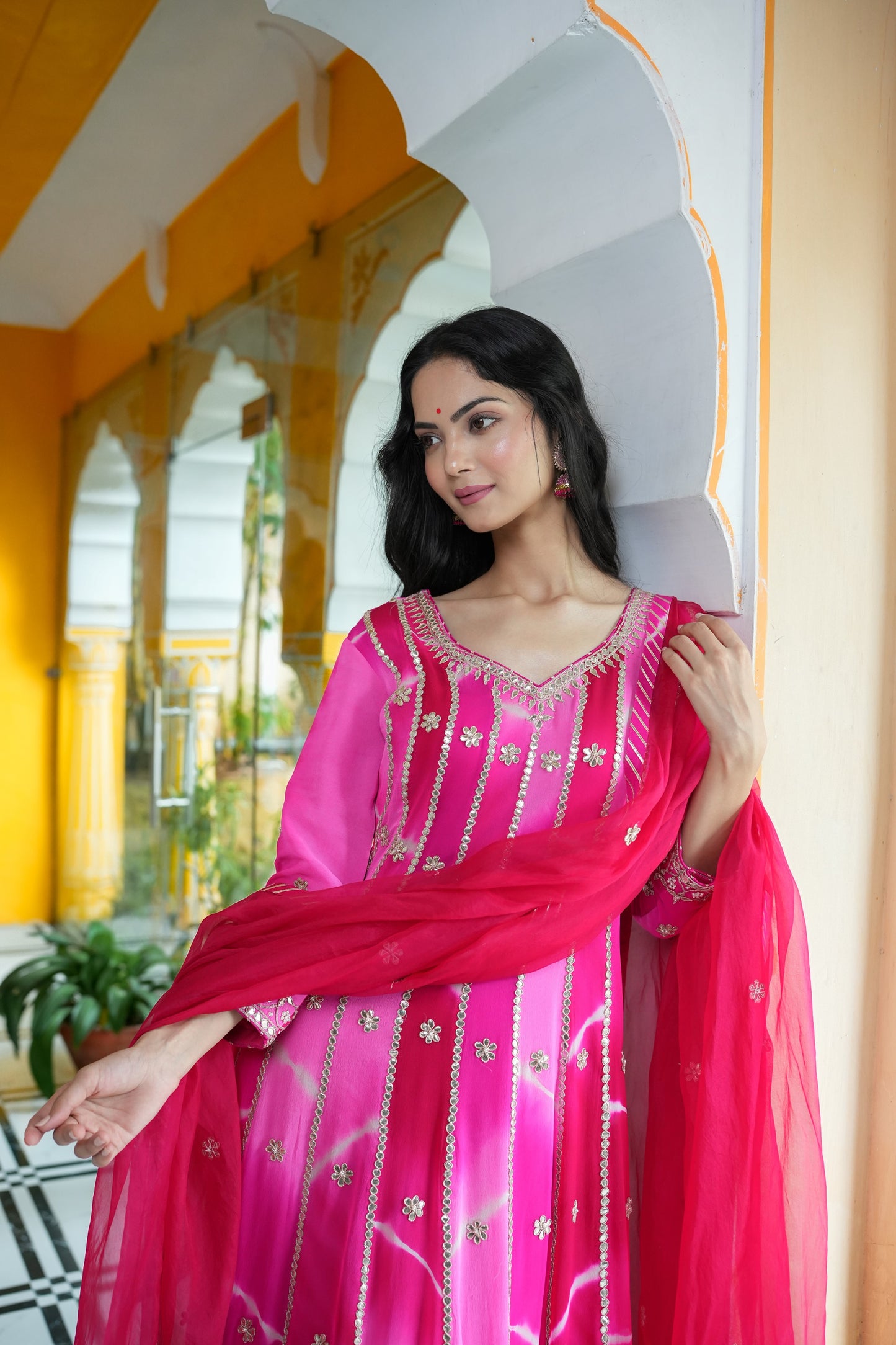 Pink-Shaded Laheriya Gown With Gotta Embellishment