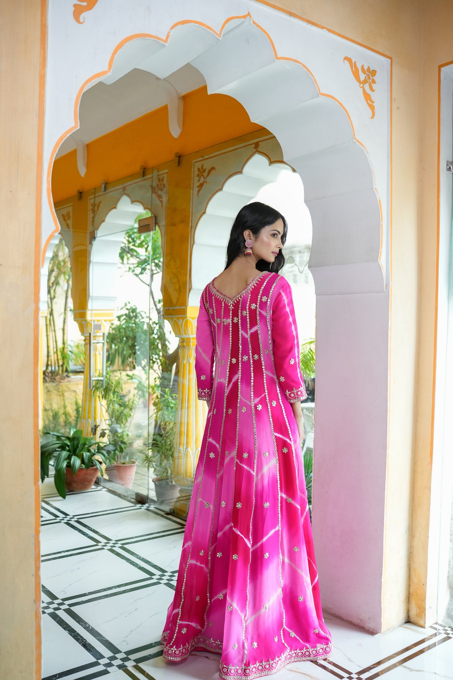 Pink-Shaded Laheriya Gown With Gotta Embellishment