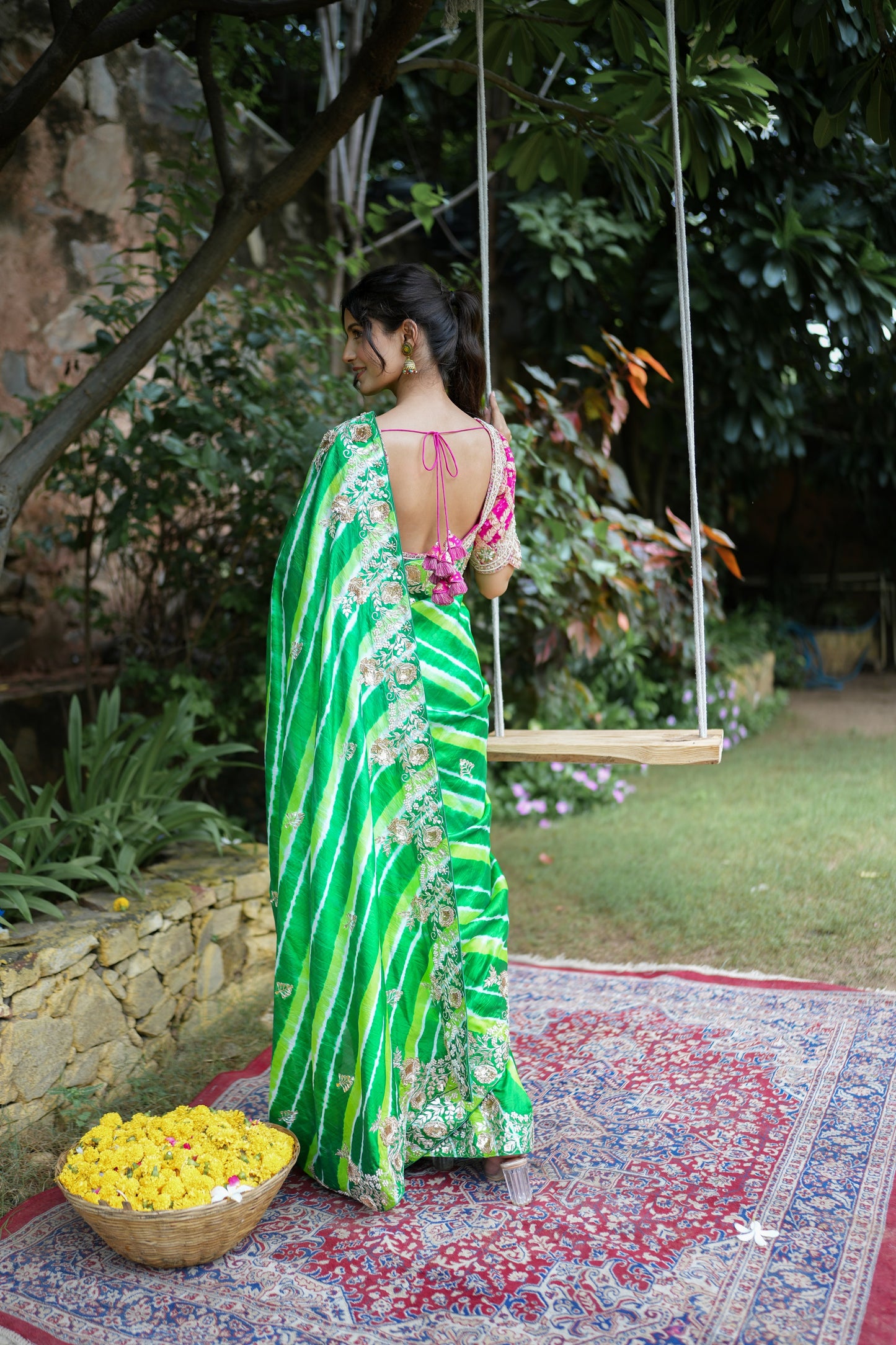 Tessar Silk Green Leheriya Saree With Gotta Embellishment