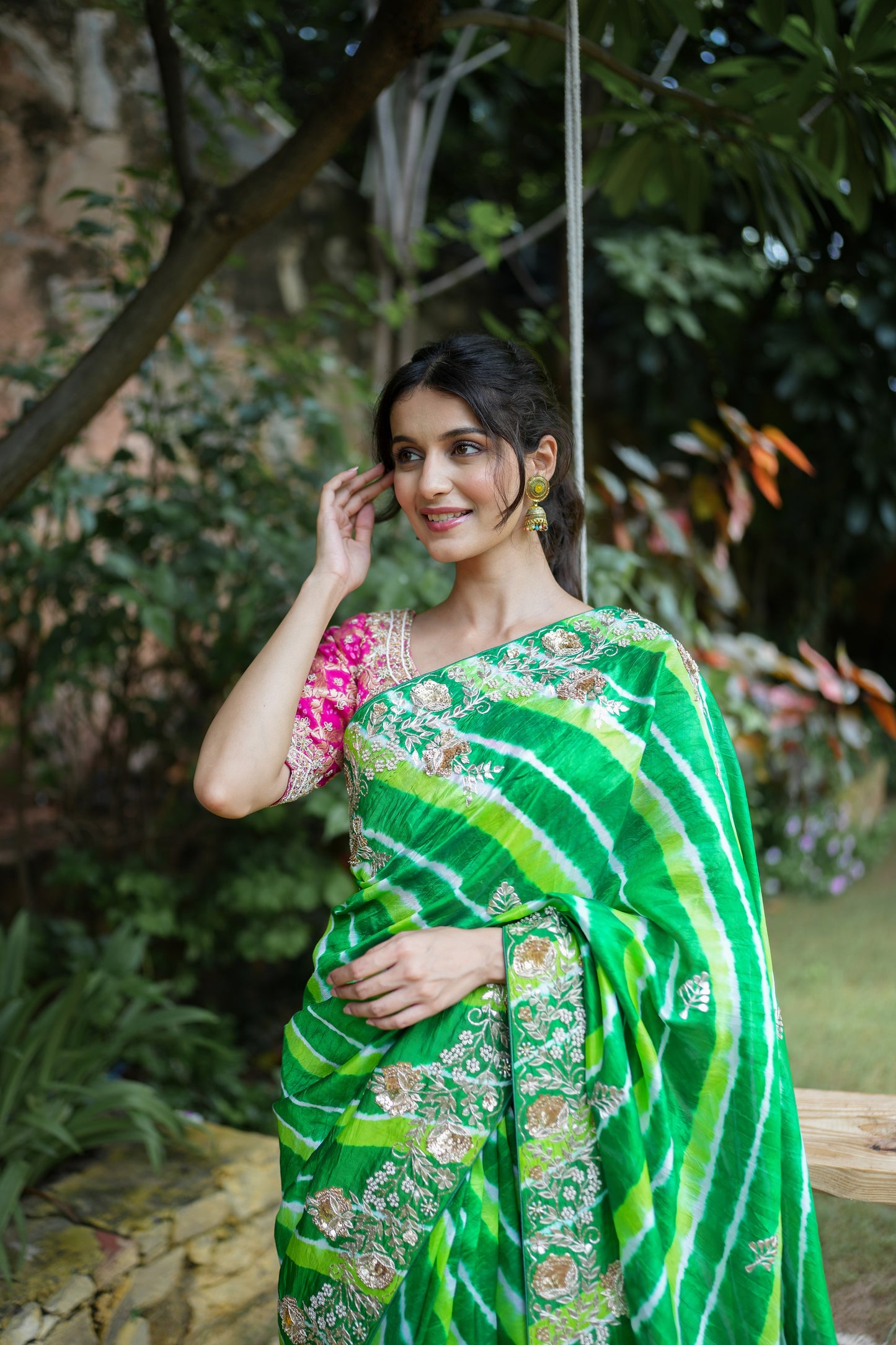 Tessar Silk Green Leheriya Saree With Gotta Embellishment