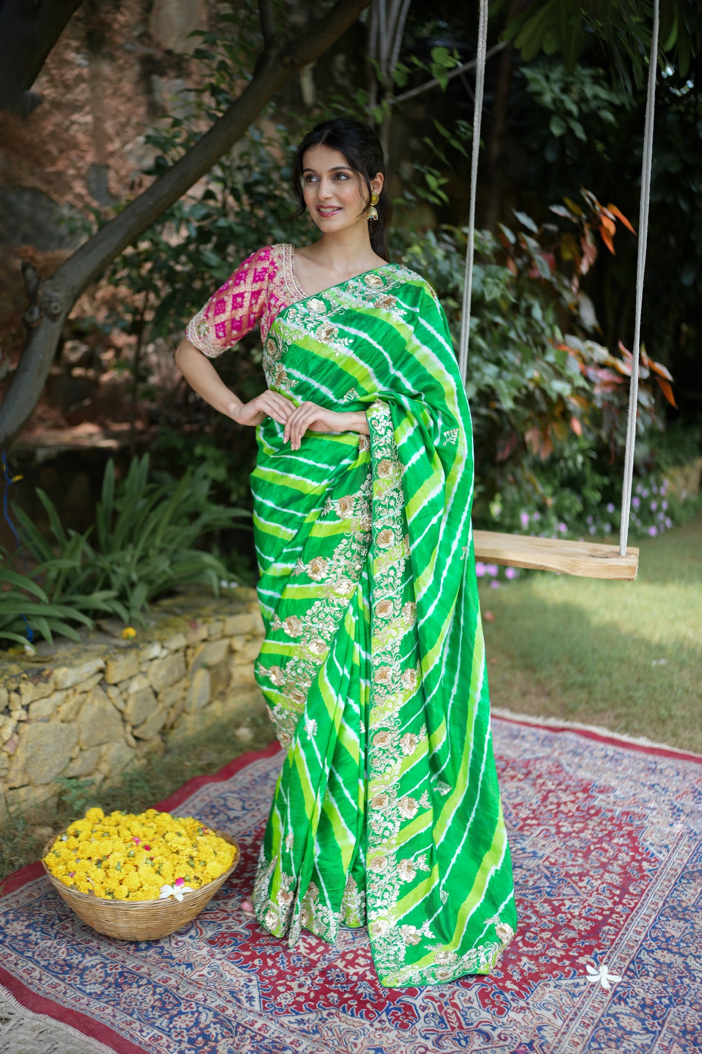 Tessar Silk Green Leheriya Saree With Gotta Embellishment