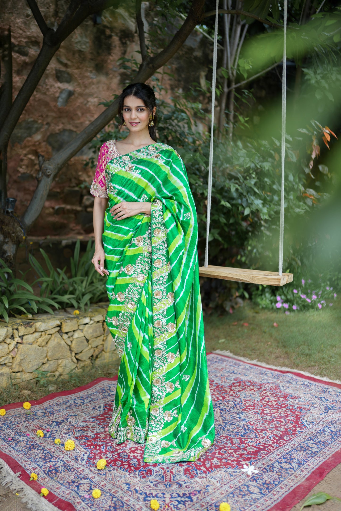 Tessar Silk Green Leheriya Saree With Gotta Embellishment