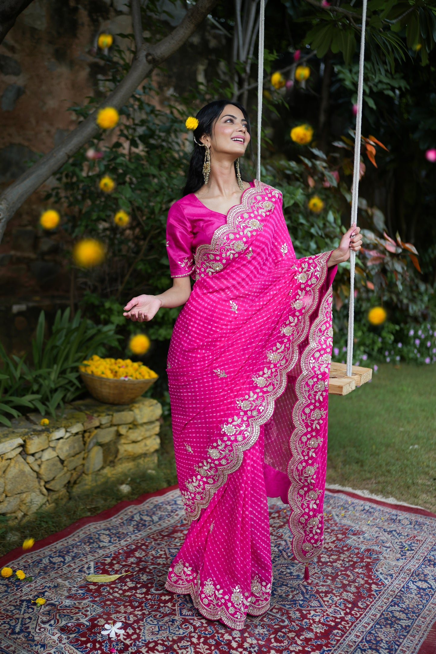 Rani Pink Mothda Saree In Georgette With Gotta Work