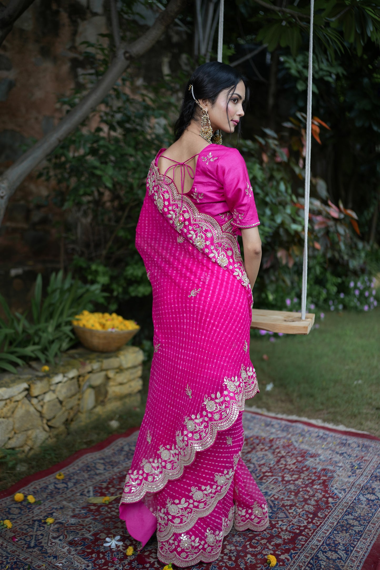 Rani Pink Mothda Saree In Georgette With Gotta Work