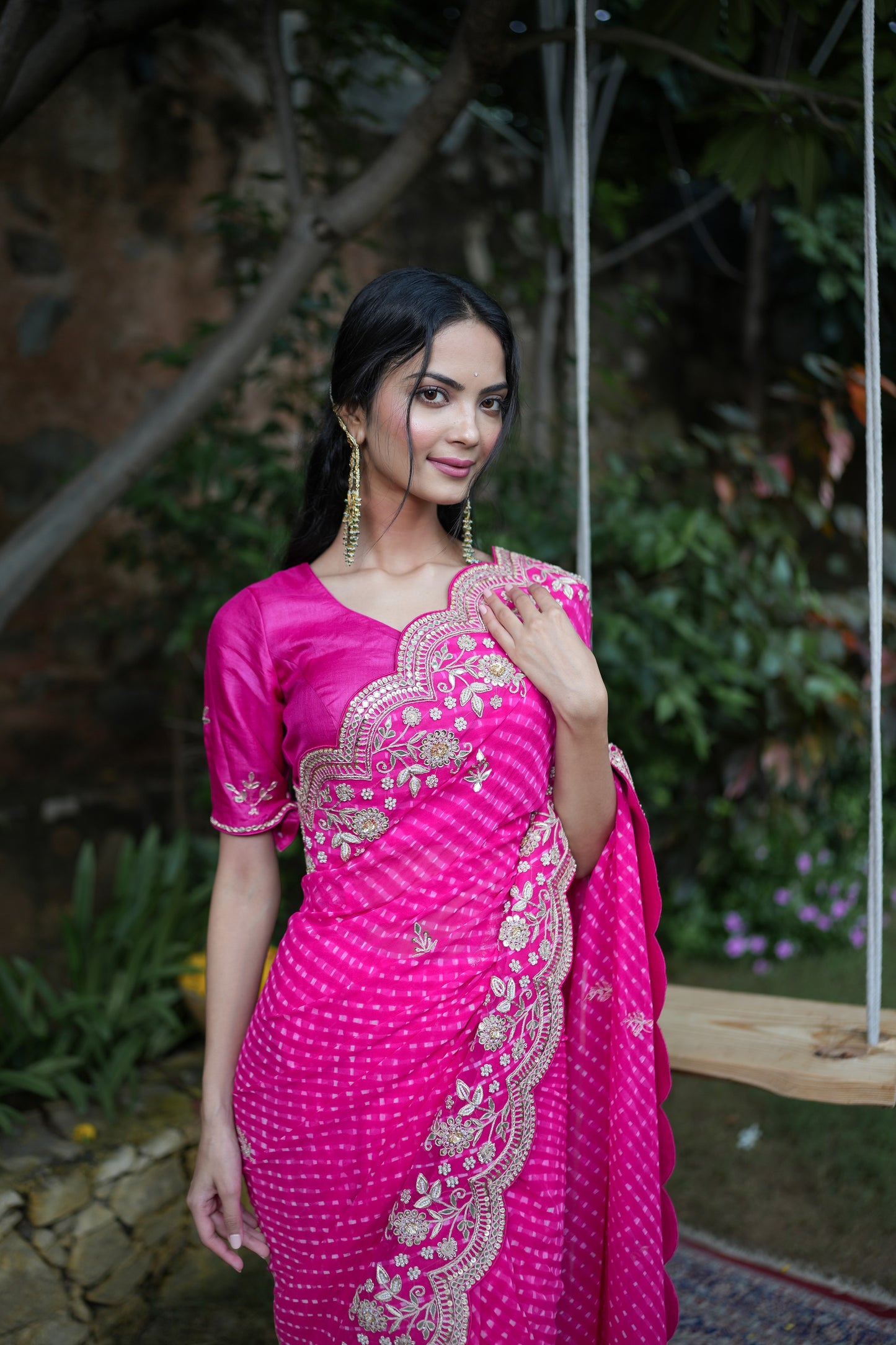 Rani Pink Mothda Saree In Georgette With Gotta Work