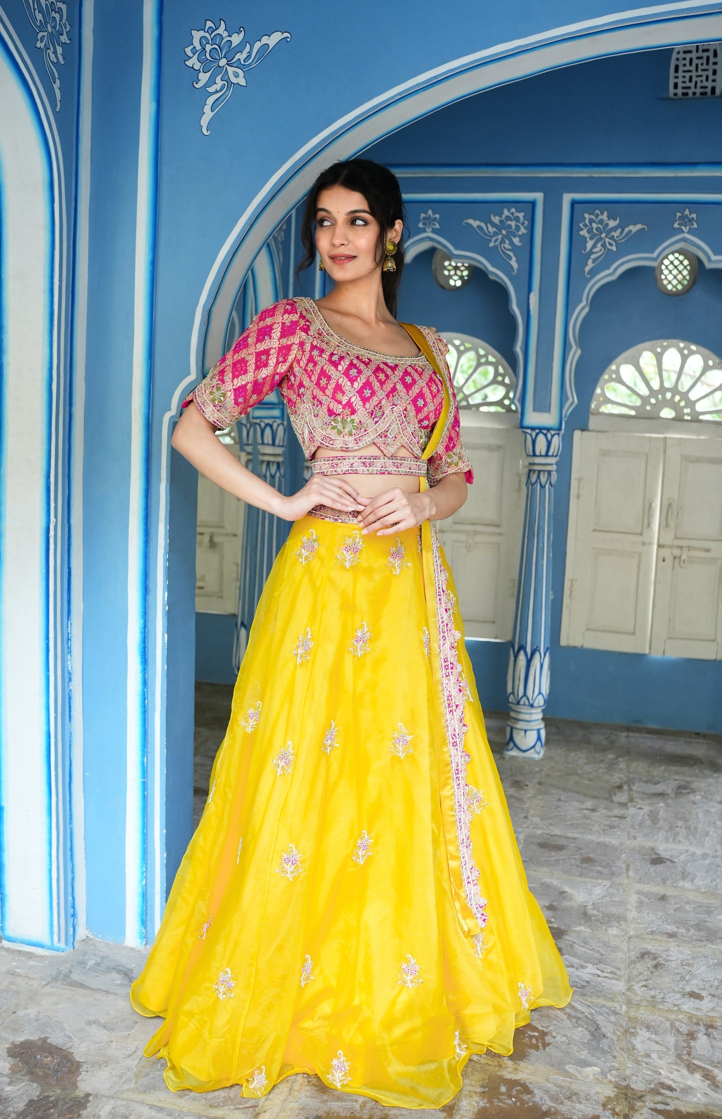 Butter Yellow Organza Skirt With Embellished Ghatchola Blouse And Dupatta