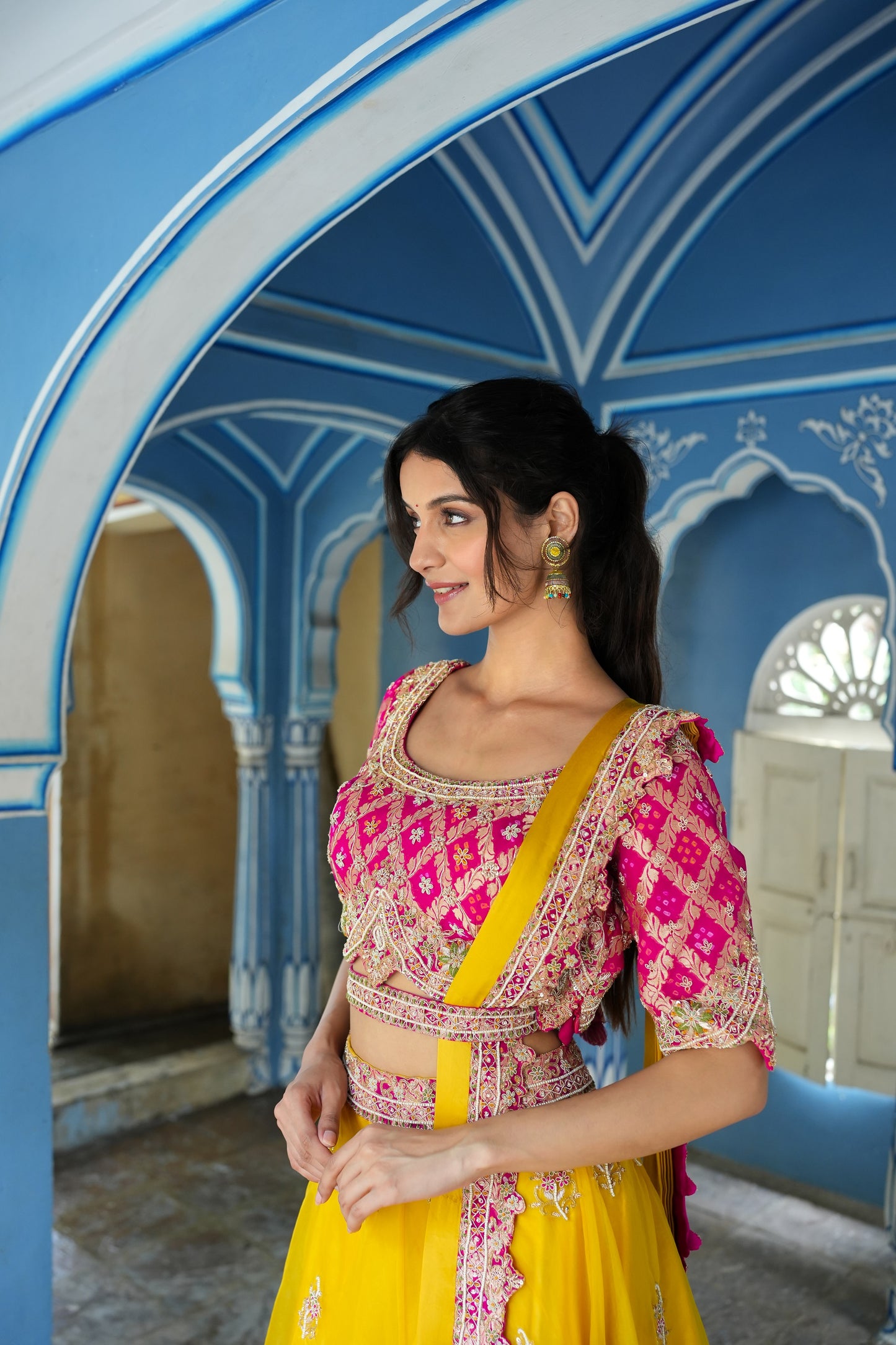 Butter Yellow Organza Skirt With Embellished Ghatchola Blouse And Dupatta