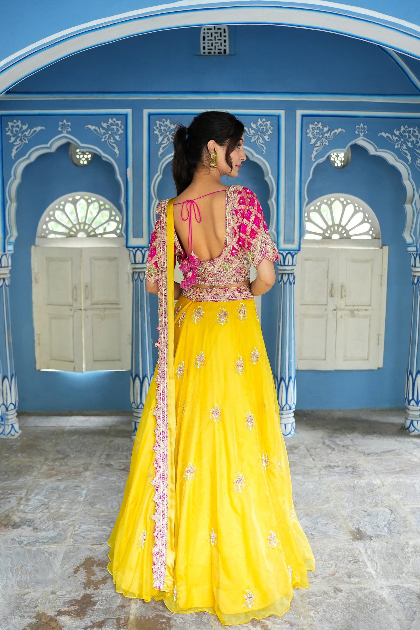 Butter Yellow Organza Skirt With Embellished Ghatchola Blouse And Dupatta
