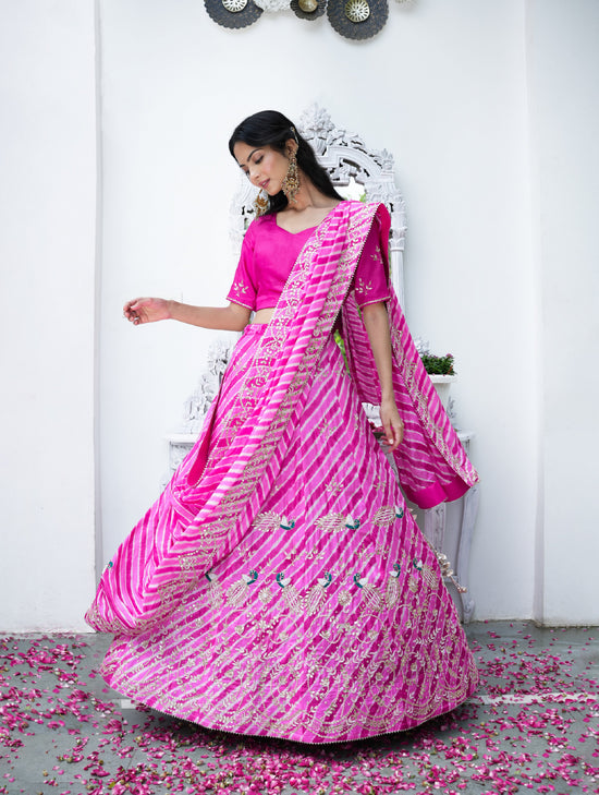 Pink Shaded Tassar Silk Lehariya Lehanga Set
