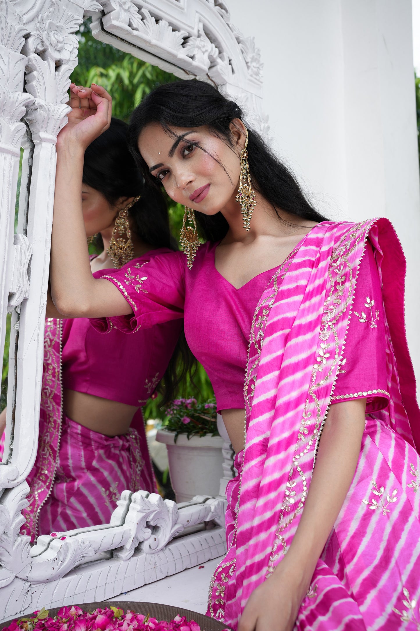 Pink Shaded Tassar Silk Lehariya Lehanga Set