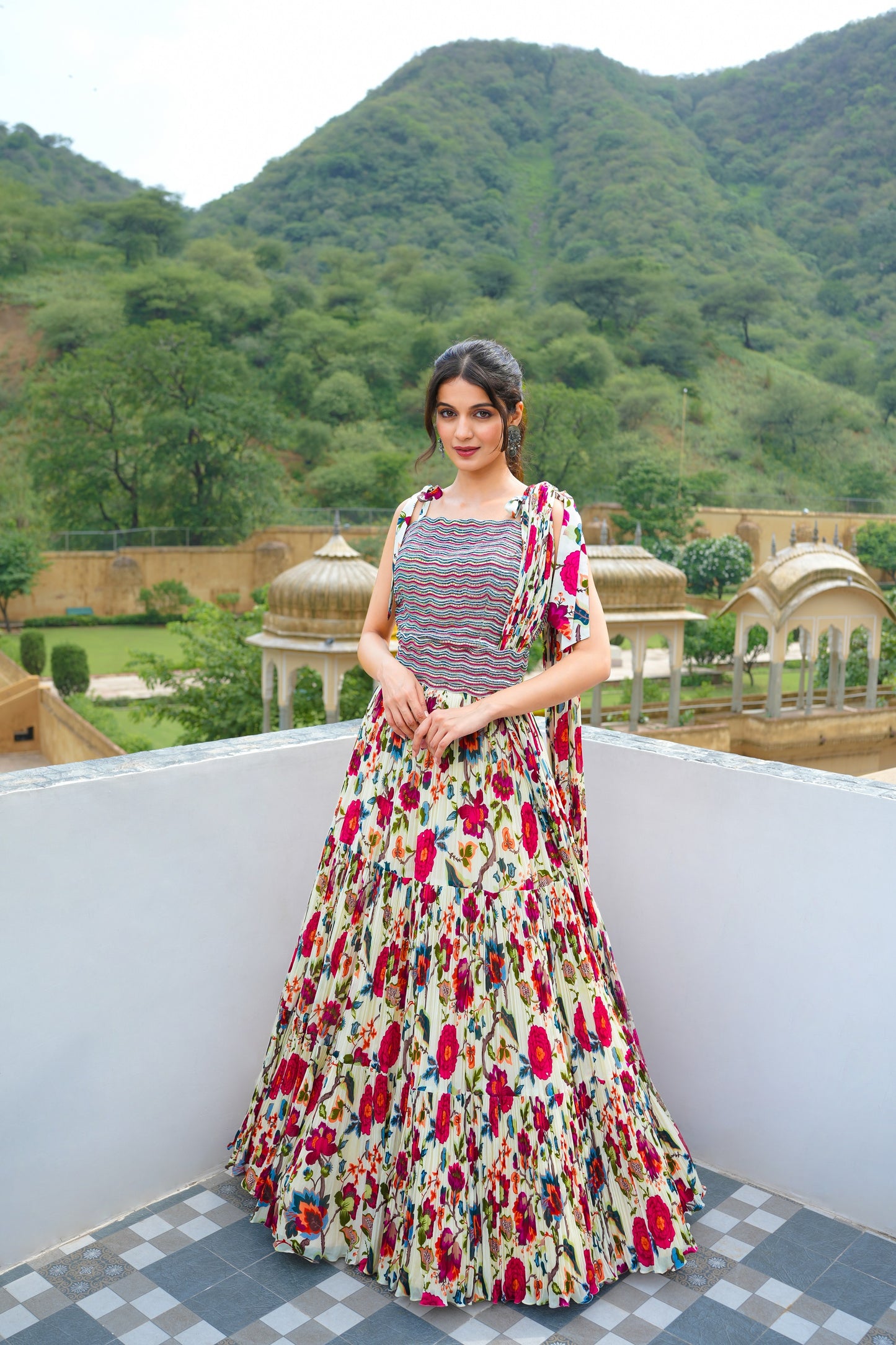 Multi Color Moti Work Crop Top With Skirt And Dupatta