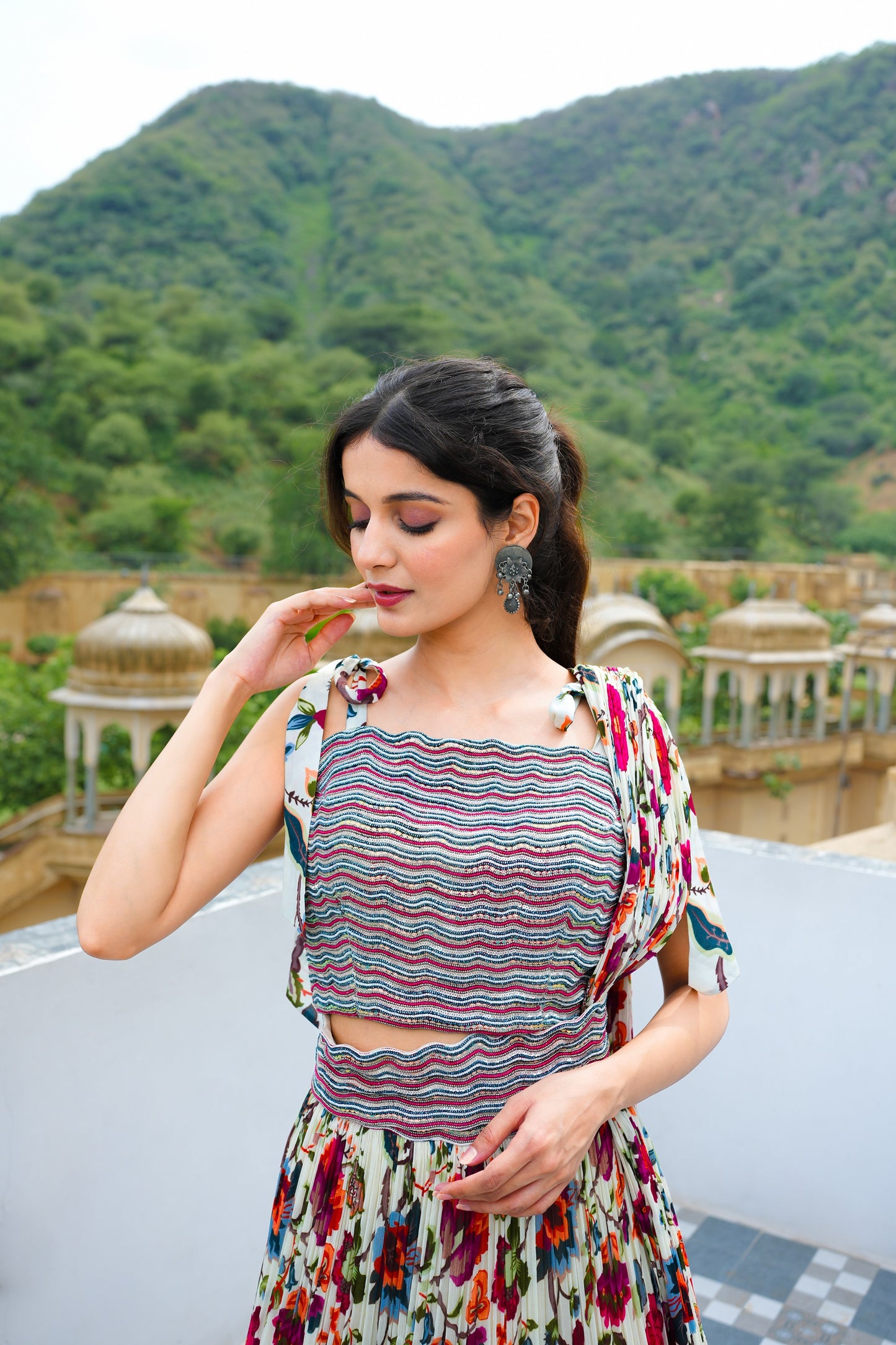 Multi Color Moti Work Crop Top With Skirt And Dupatta