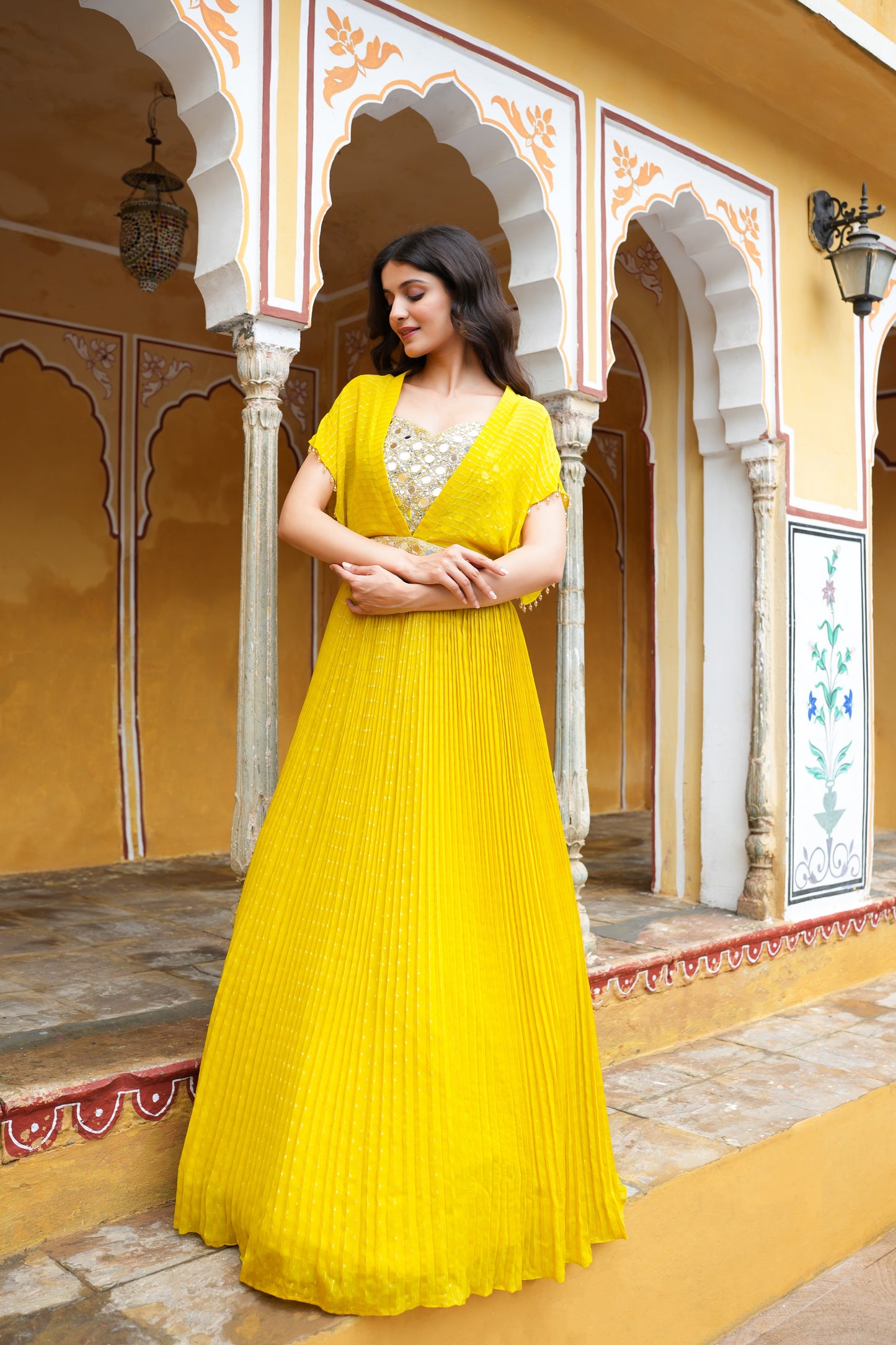 Butterscotch Yellow Georgette Skirt, Crop Top, And Cape