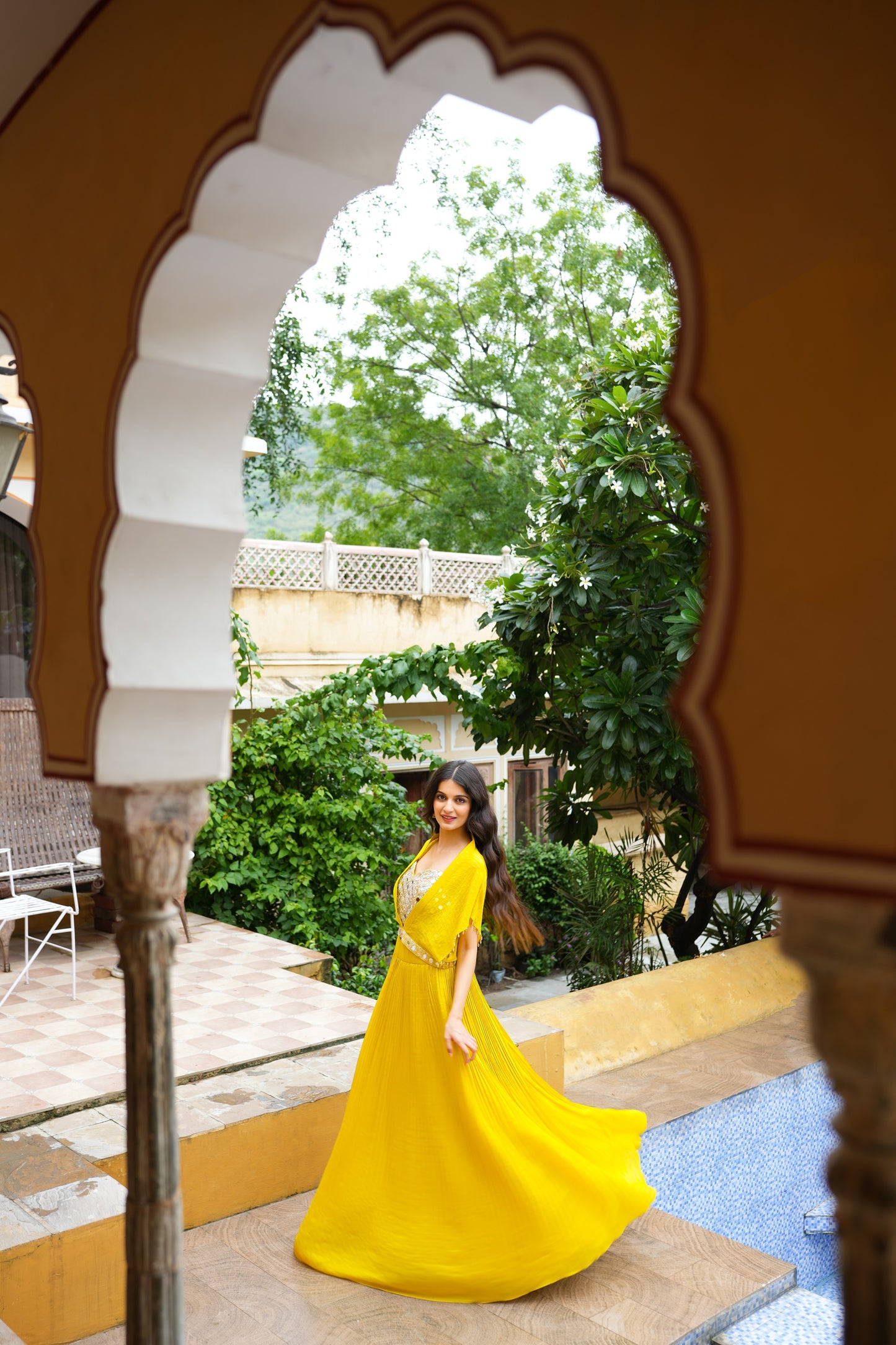 Butterscotch Yellow Georgette Skirt, Crop Top, And Cape