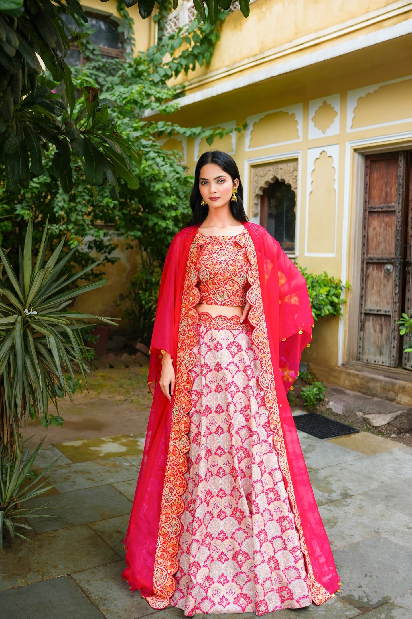 Beige Printed Skirt With Raw Silk Embellished Crop Top And Cape