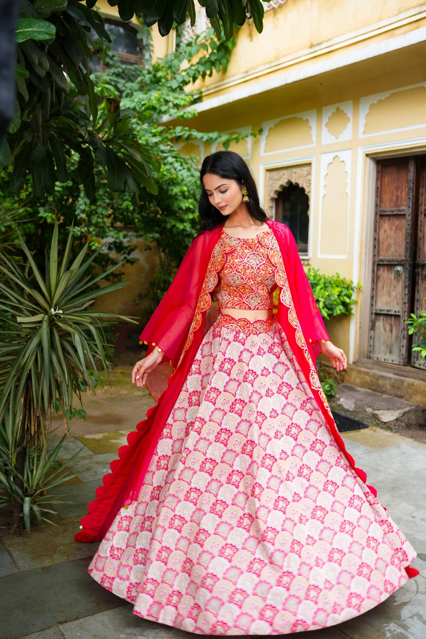 Beige Printed Skirt With Raw Silk Embellished Crop Top And Cape