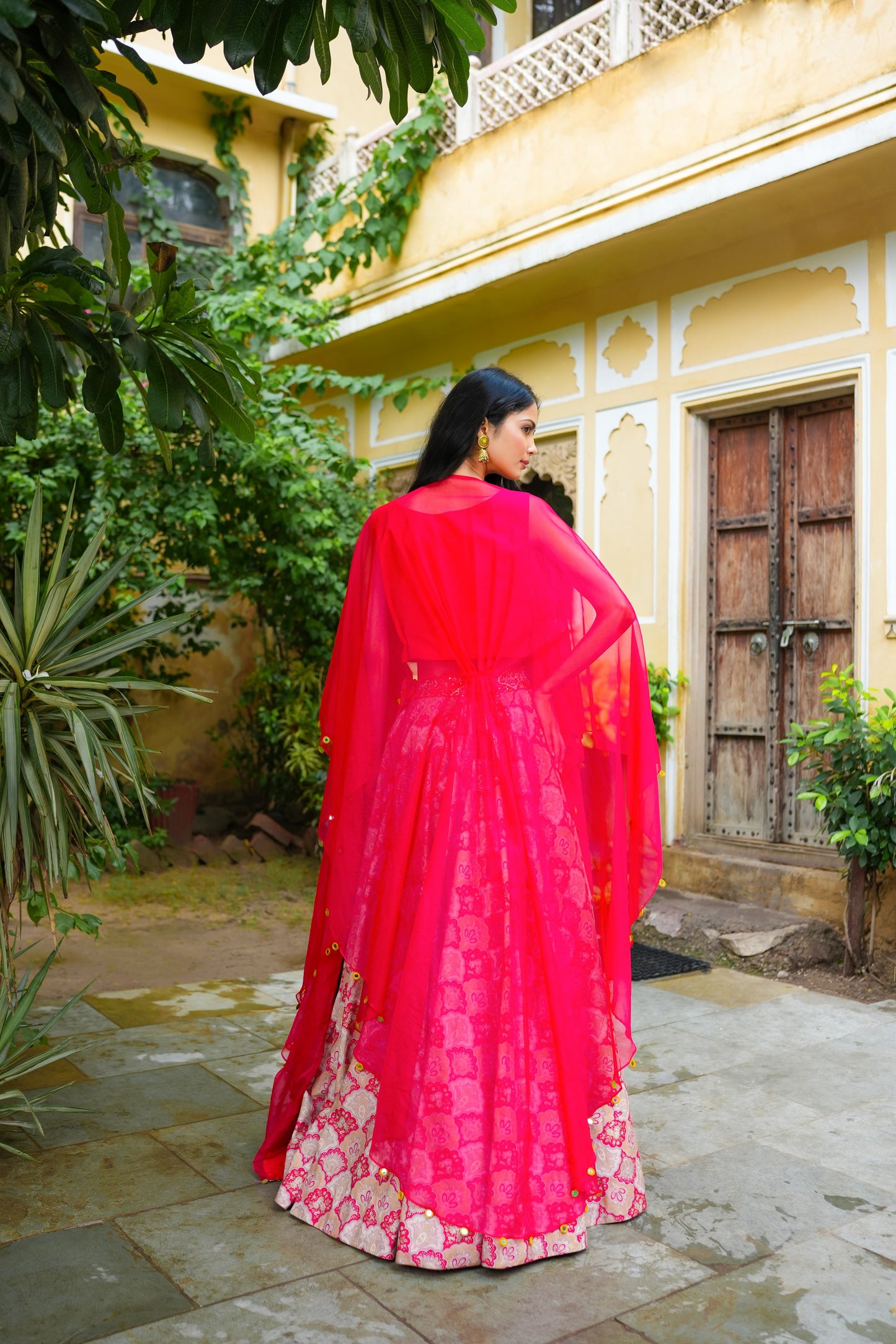 Beige Printed Skirt With Raw Silk Embellished Crop Top And Cape