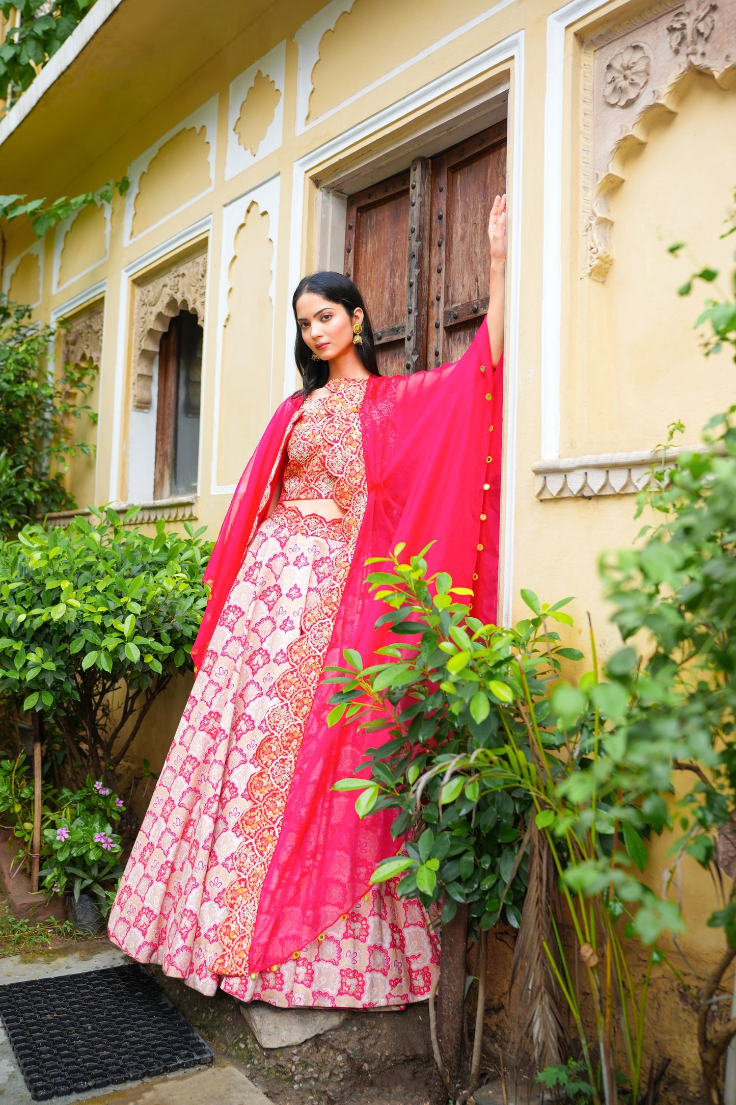 Beige Printed Skirt With Raw Silk Embellished Crop Top And Cape
