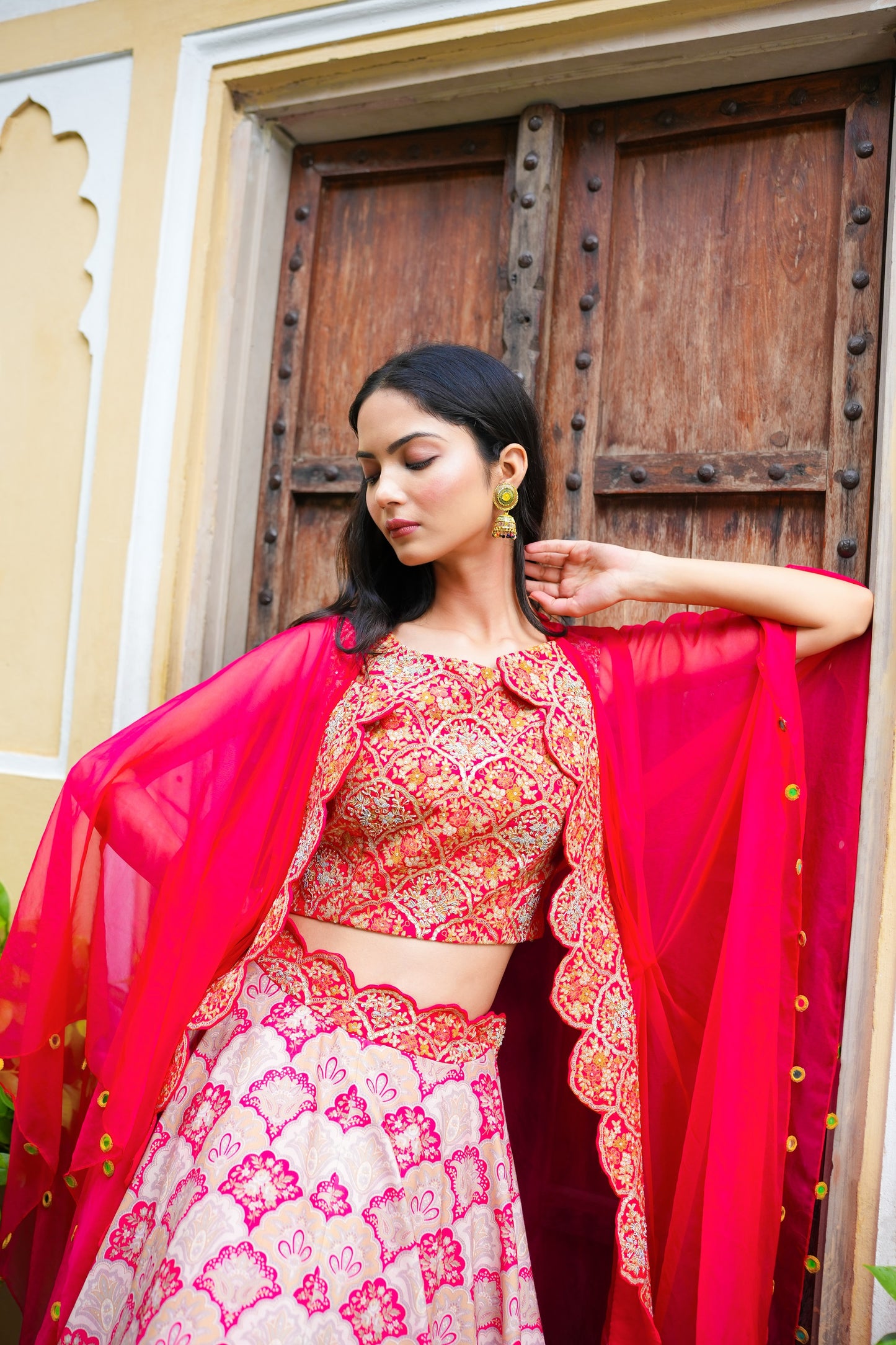 Beige Printed Skirt With Raw Silk Embellished Crop Top And Cape