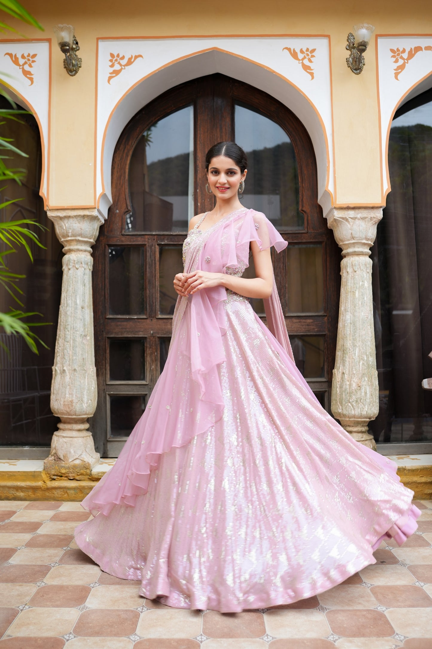 Flamingo pink Sequin Work Drape Saree With Flare