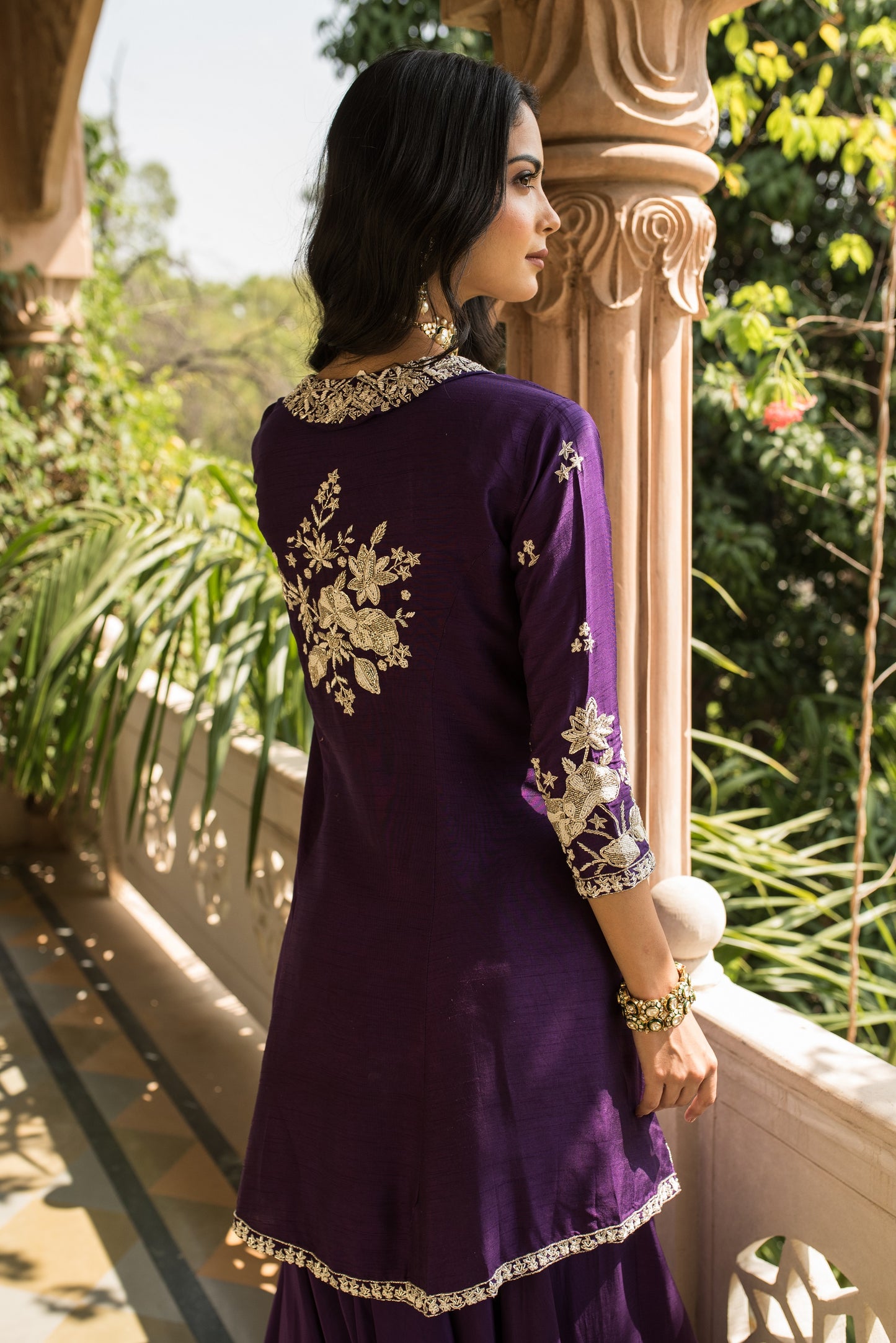 Berry Blue Crop Top And Palazzo With Embellished Cape