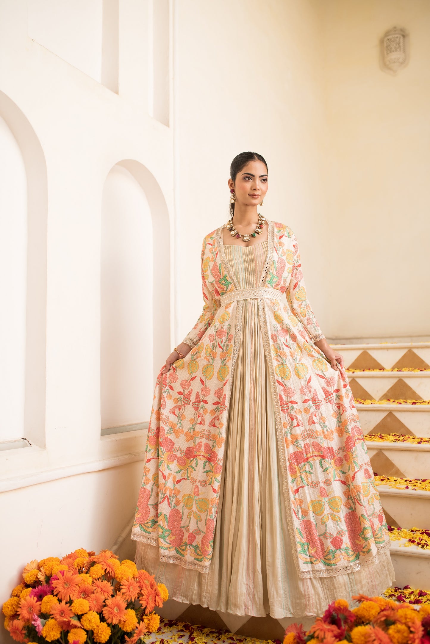 Beige Embellished Gown With Long Cape And Belt