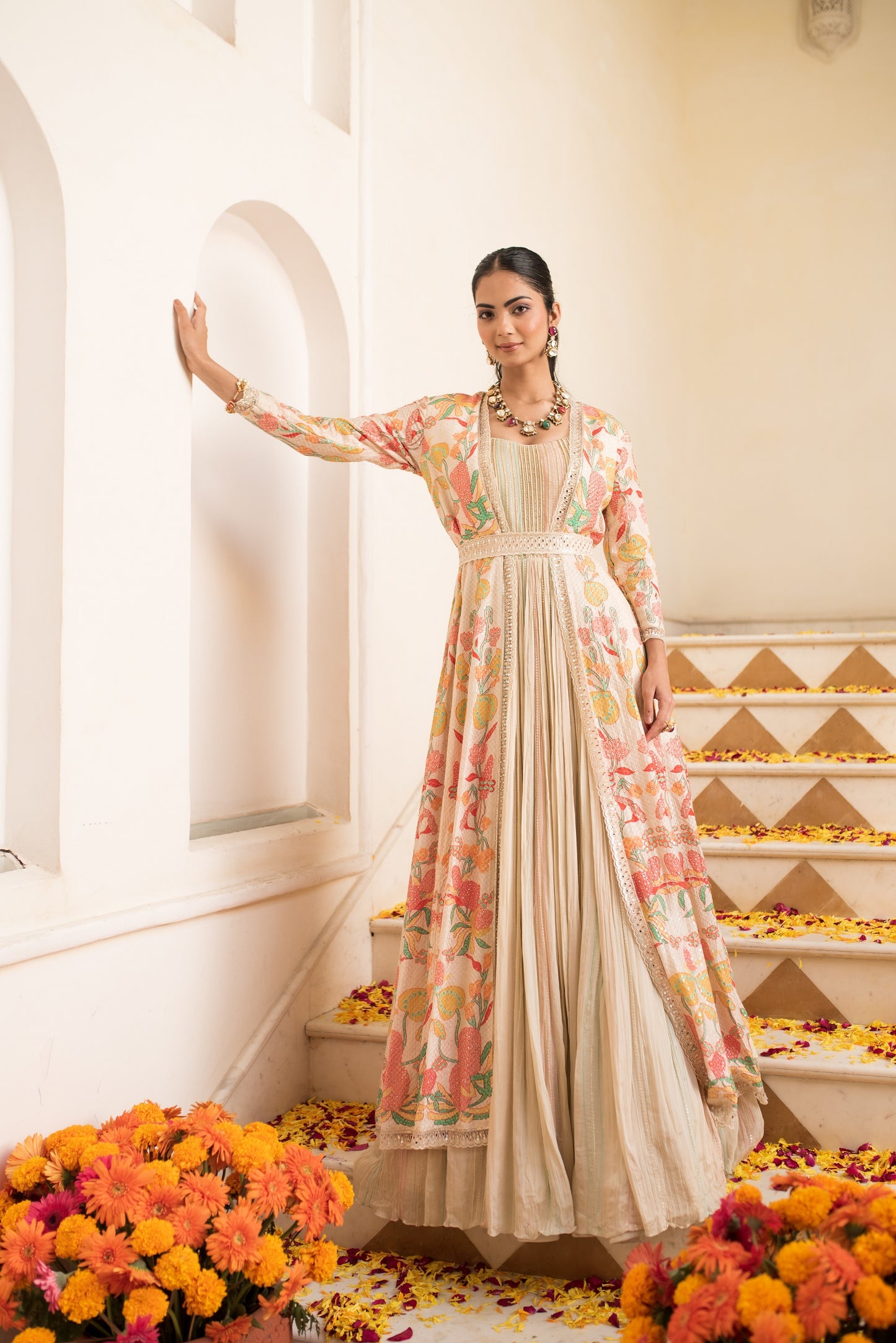 Beige Embellished Gown With Long Cape And Belt