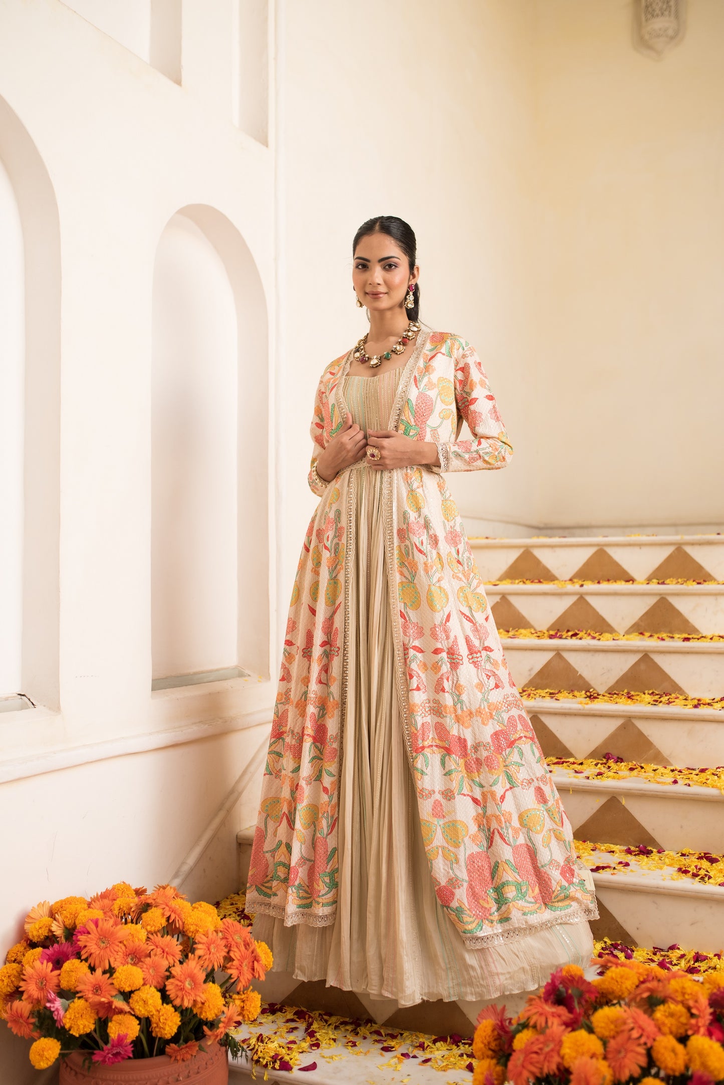 Beige Embellished Gown With Long Cape And Belt