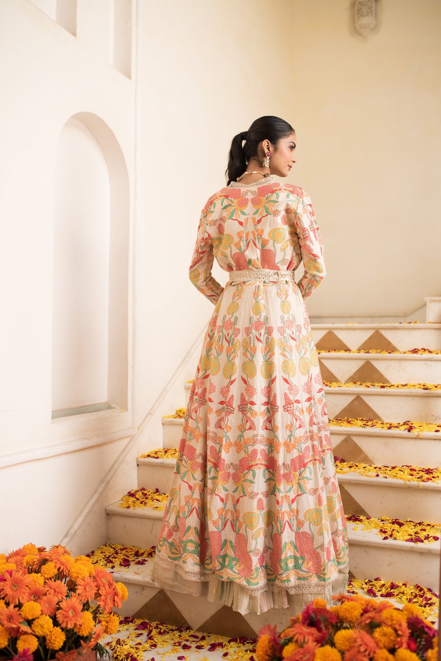 Beige Embellished Gown With Long Cape And Belt