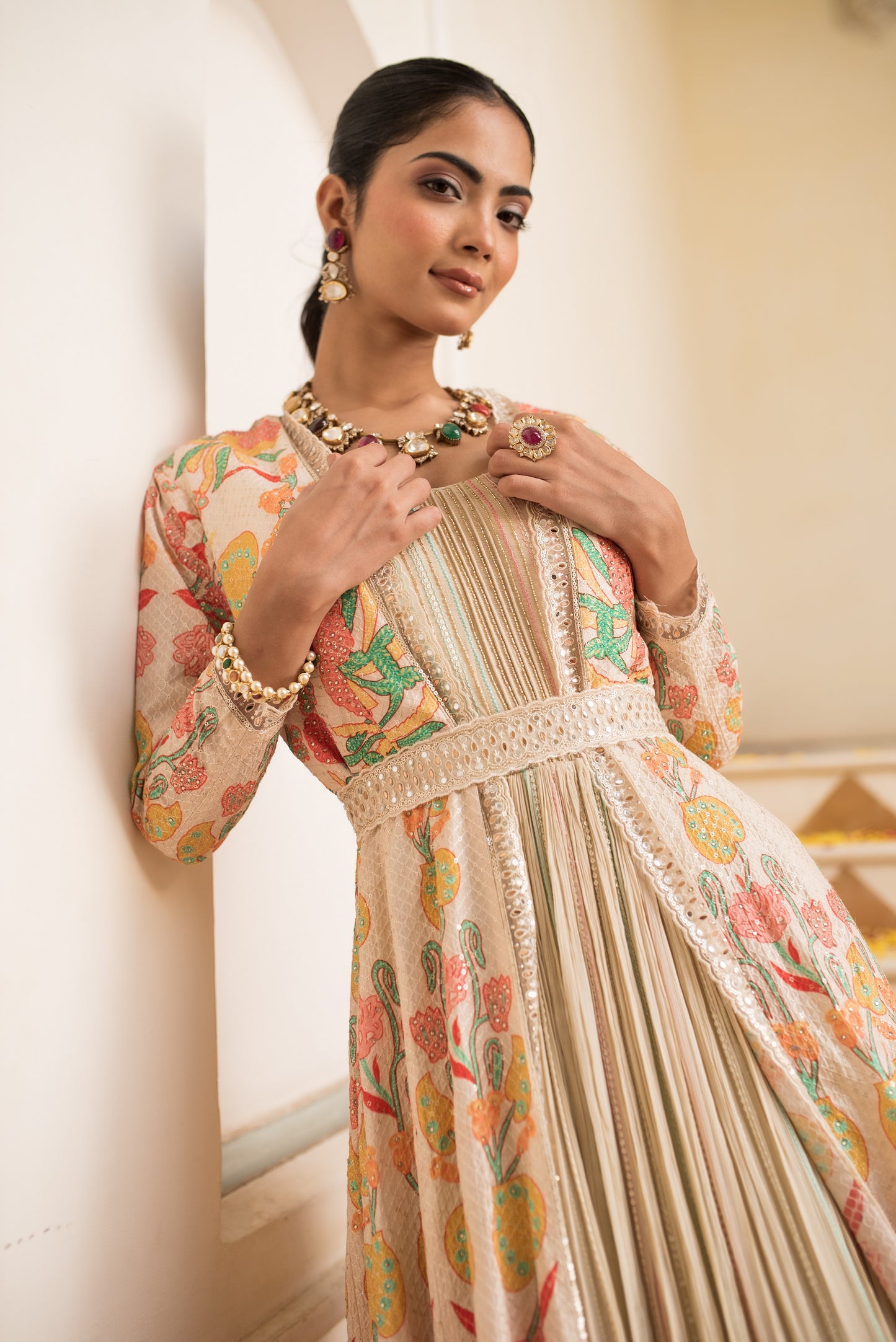 Beige Embellished Gown With Long Cape And Belt