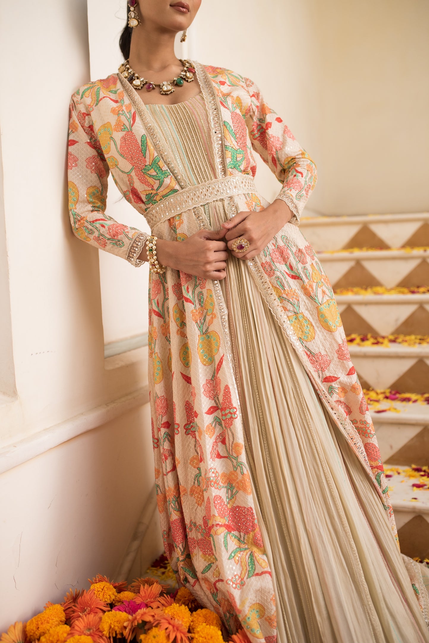 Beige Embellished Gown With Long Cape And Belt