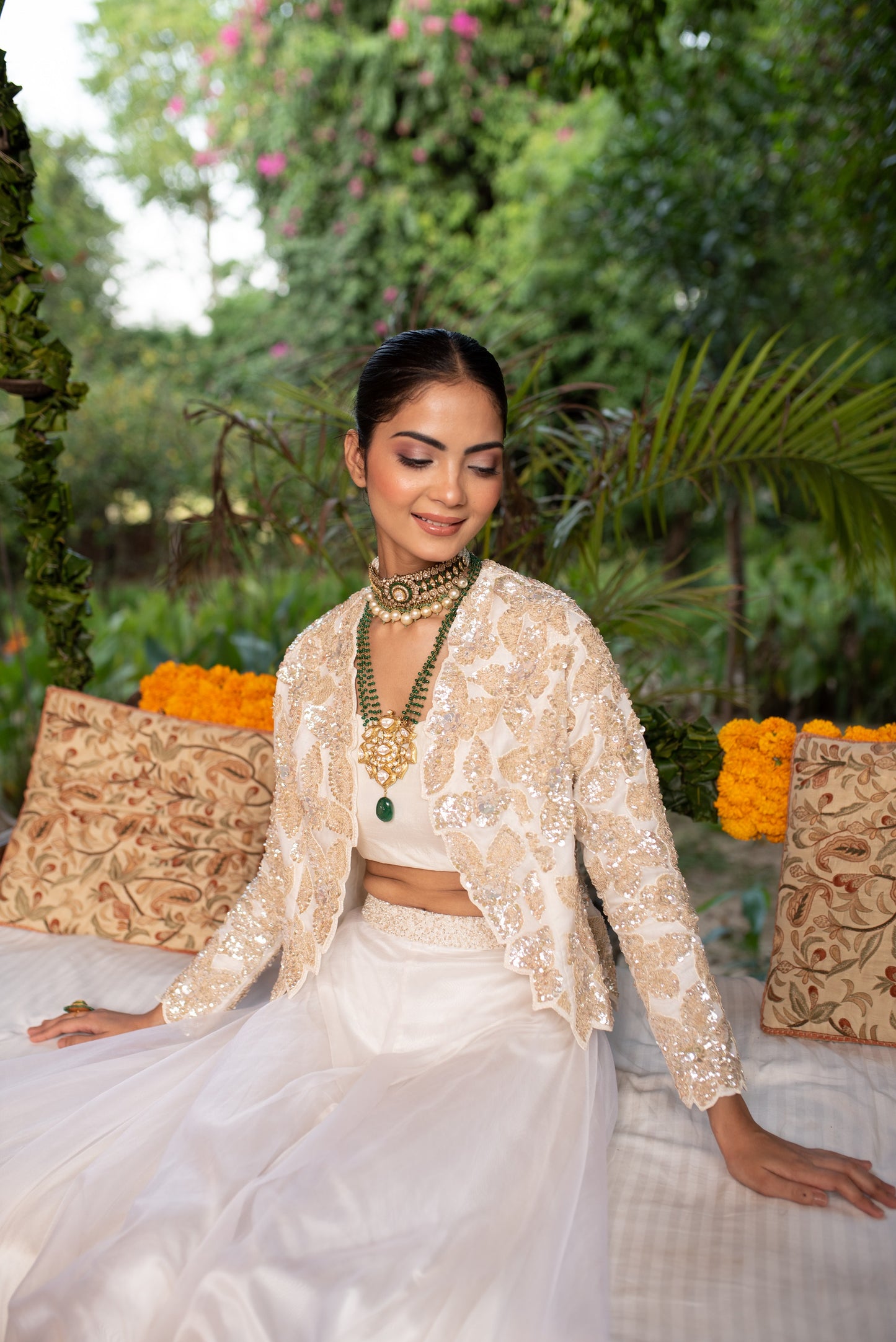 Off White Organza Palazzo Set With Sequin Cape