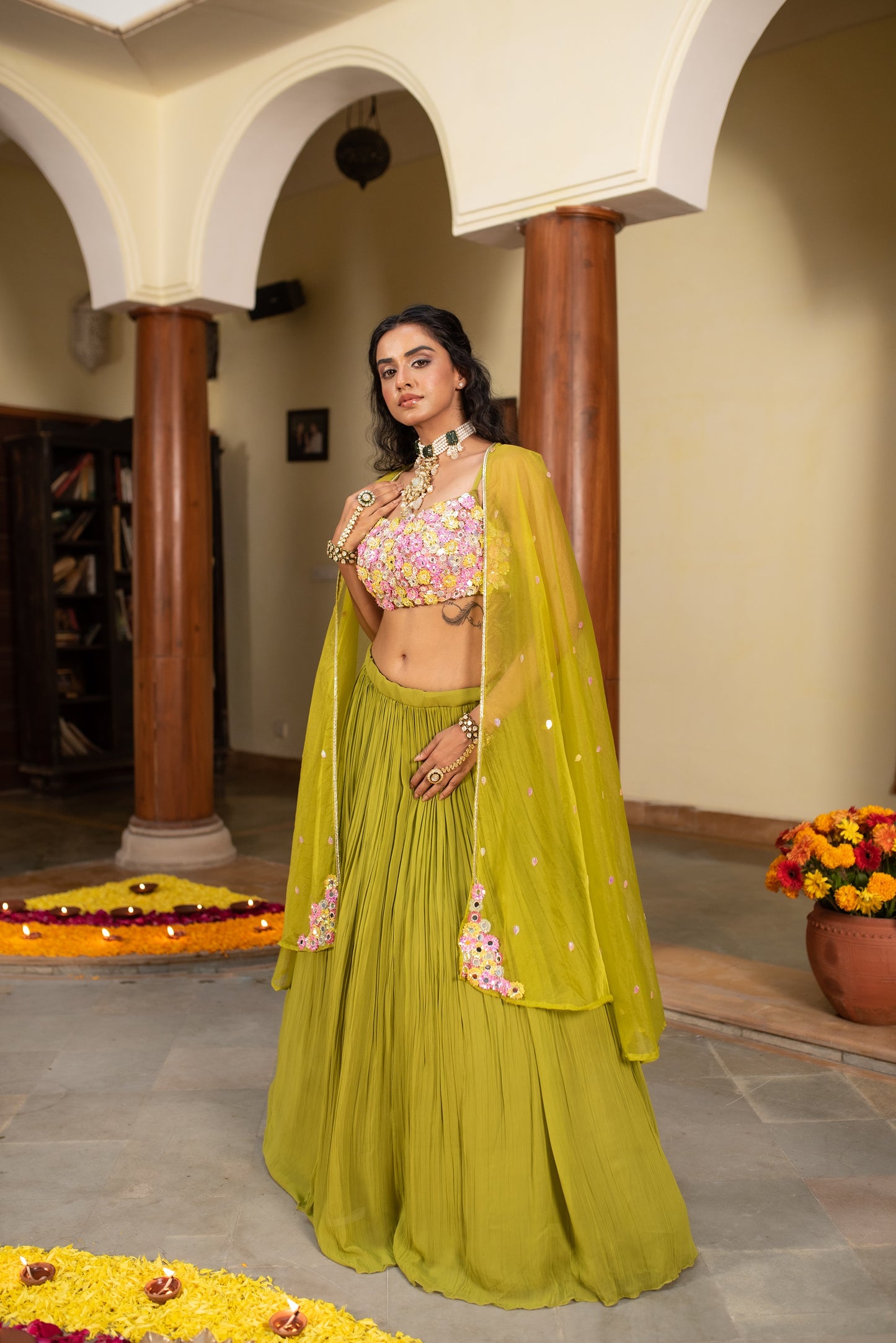 Olive Green Crop Top Skirt With Organza Cape