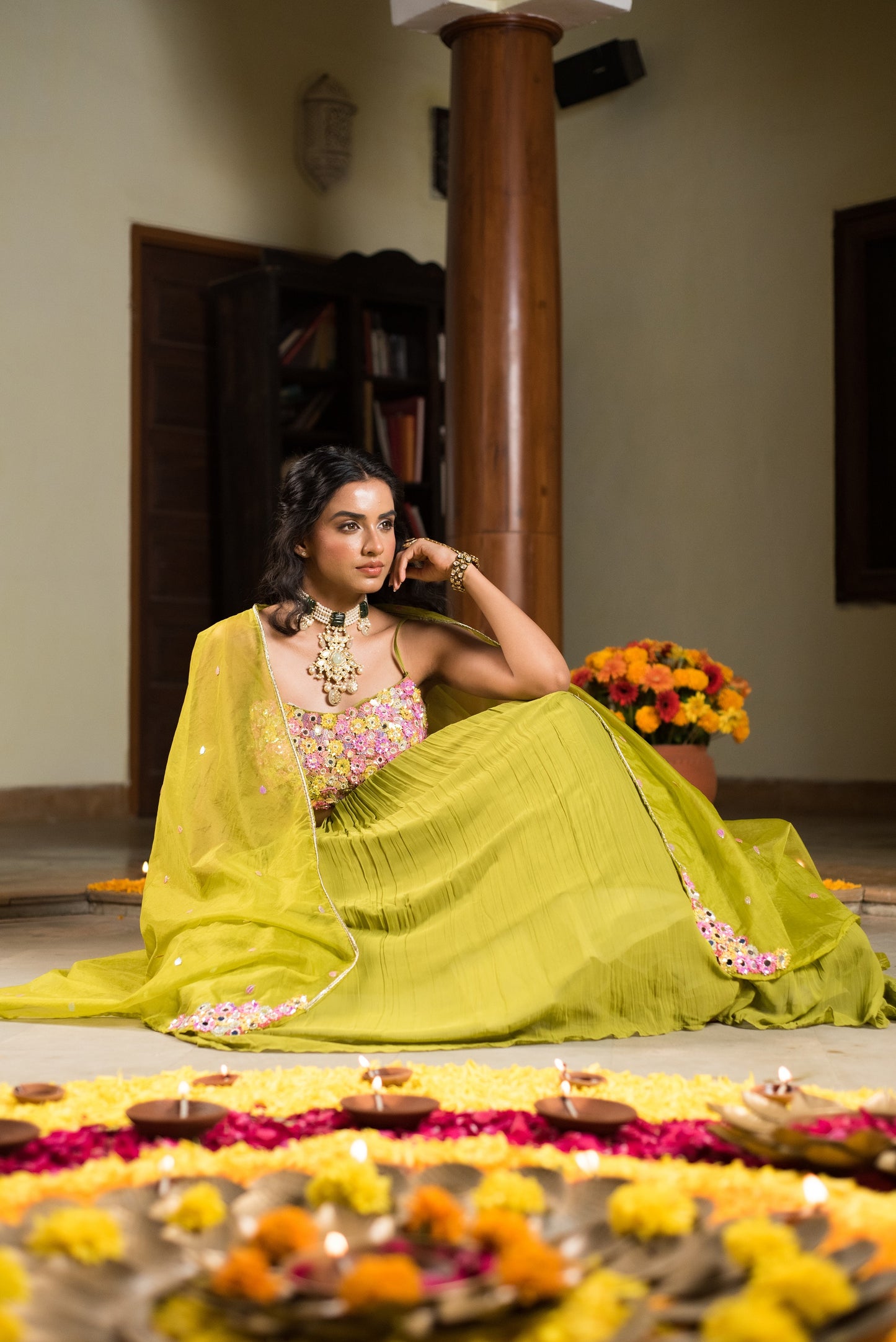 Olive Green Crop Top Skirt With Organza Cape