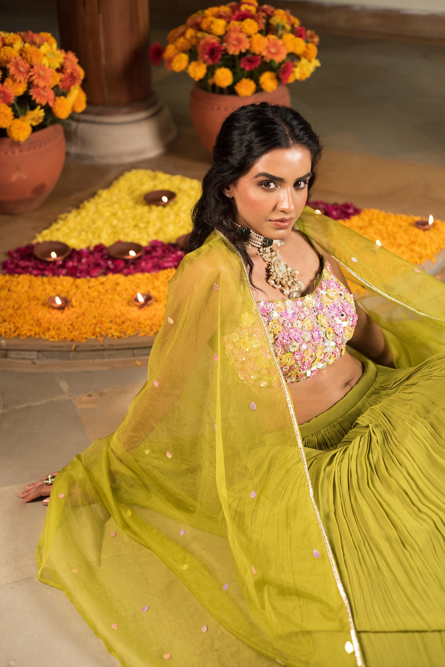 Olive Green Crop Top Skirt With Organza Cape