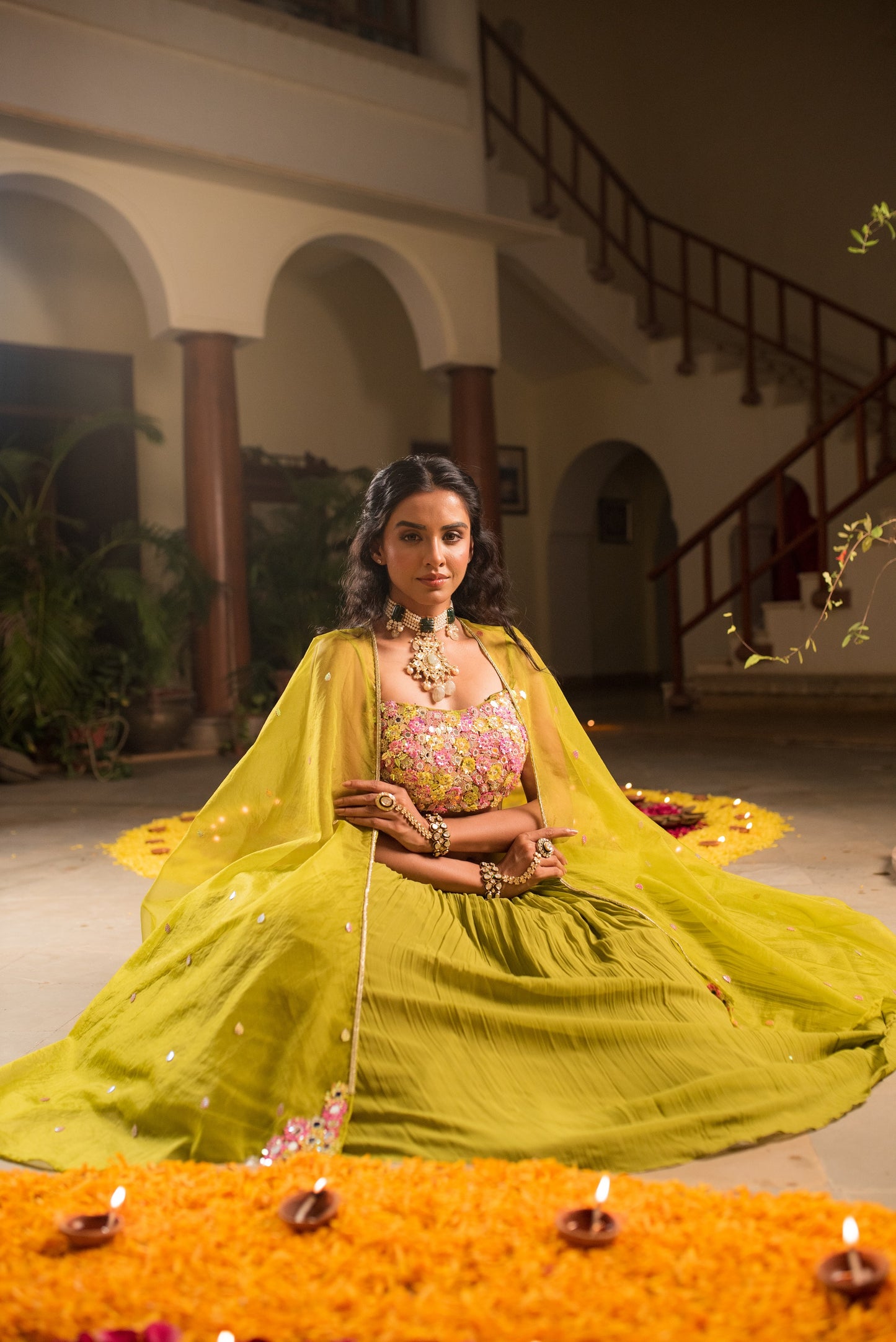 Olive Green Crop Top Skirt With Organza Cape