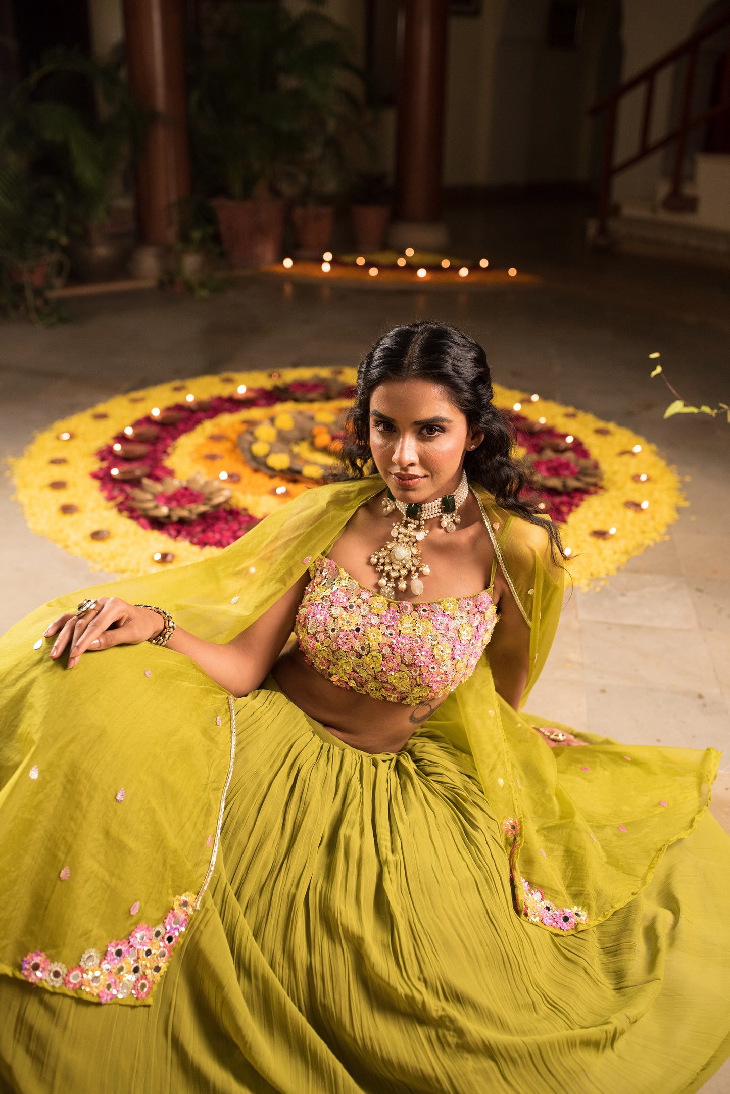 Olive Green Crop Top Skirt With Organza Cape