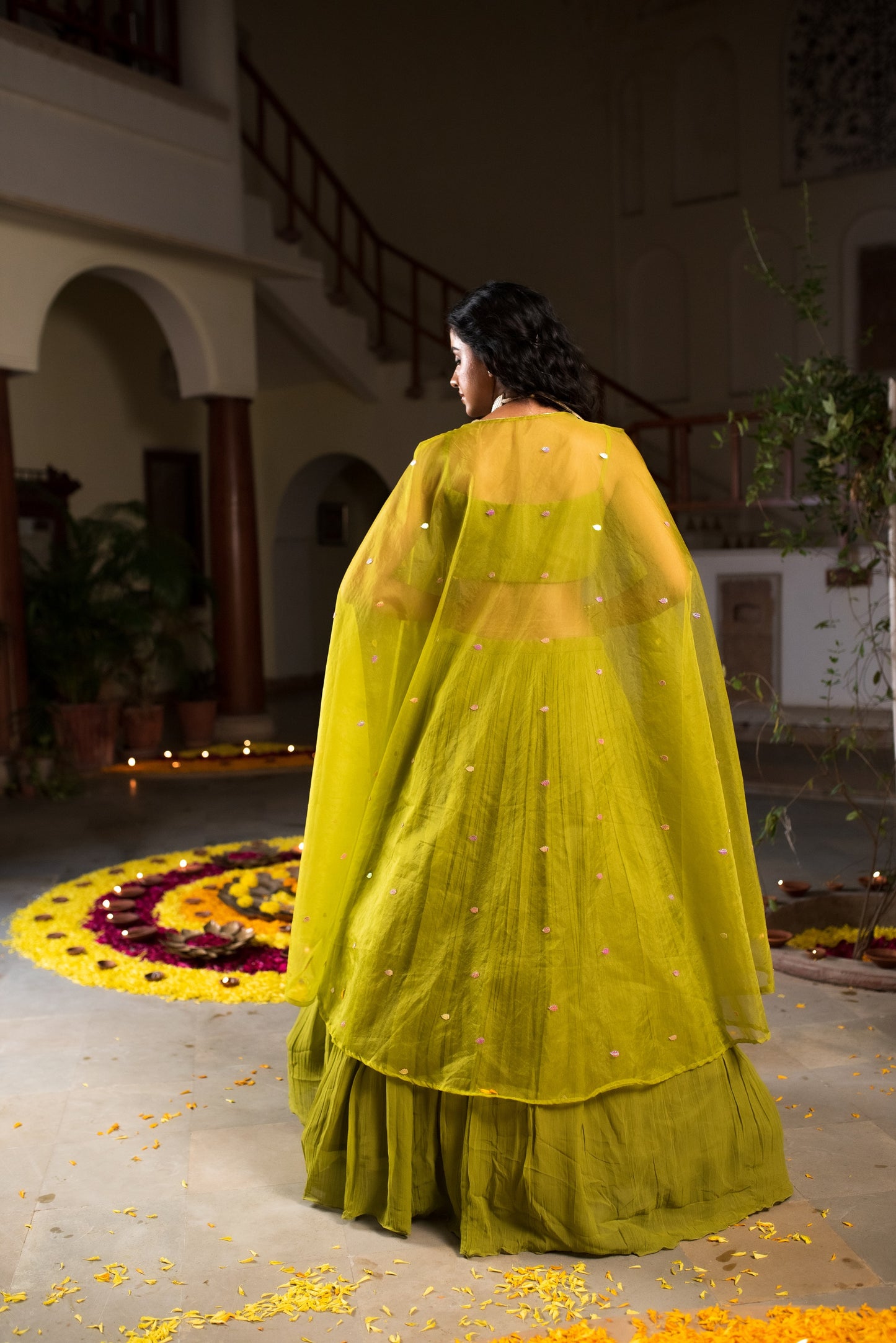 Olive Green Crop Top Skirt With Organza Cape