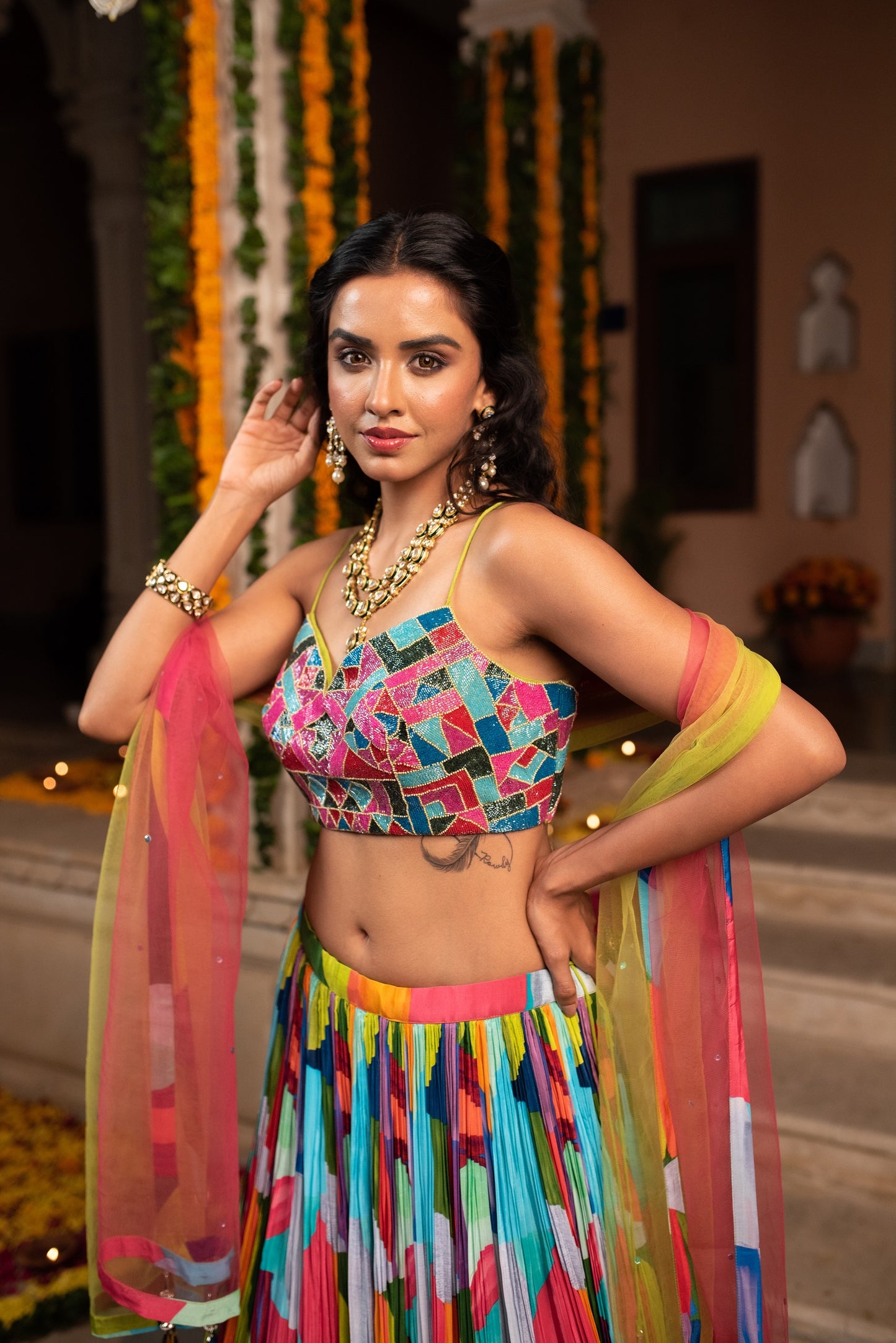 Multi Colour Italian Silk Cut Dana Work Crop Top With Skirt And Dupatta
