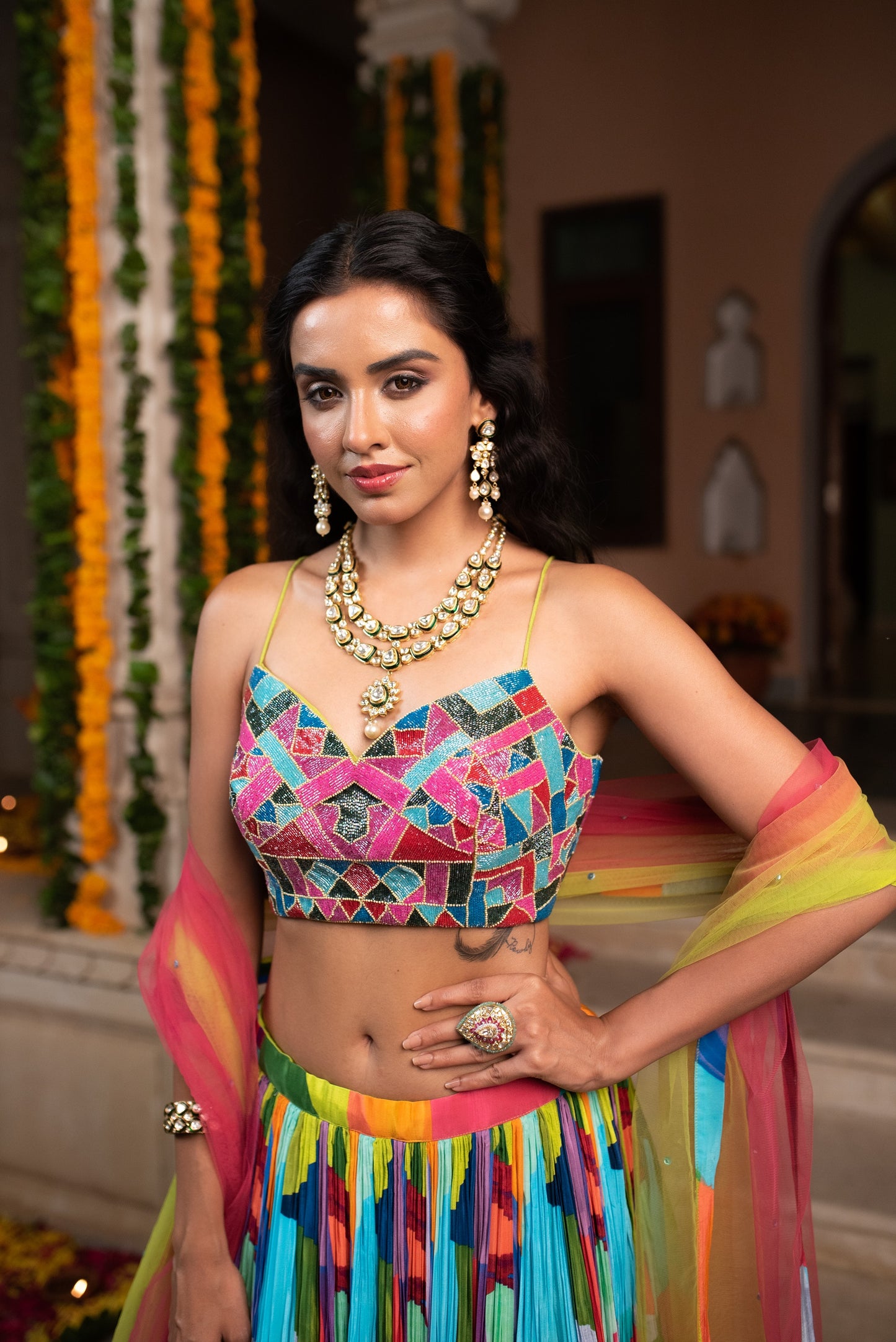 Multi Colour Italian Silk Cut Dana Work Crop Top With Skirt And Dupatta