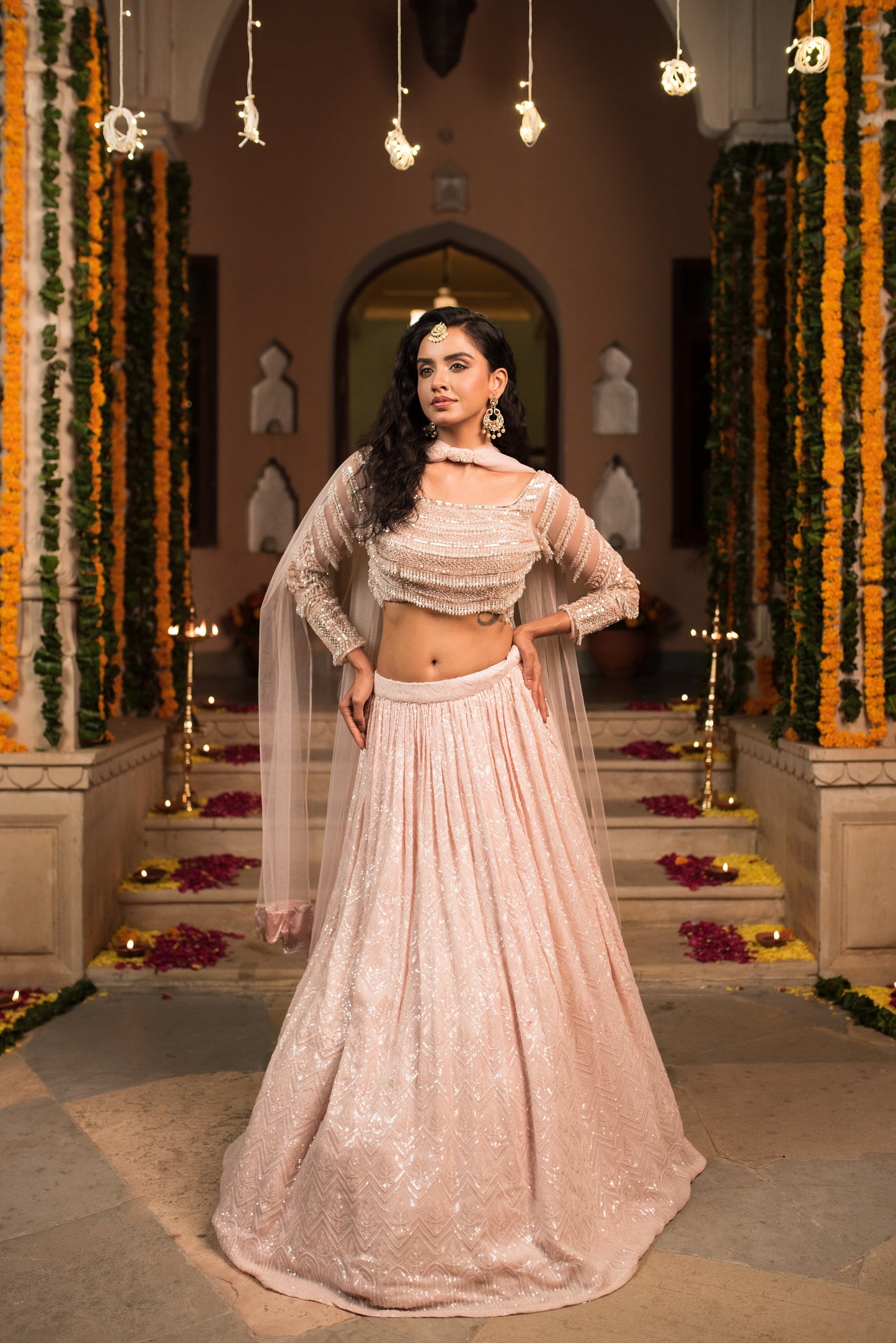Baby Pink  Moti Embellished Crop Top With Skirt And Dupatta