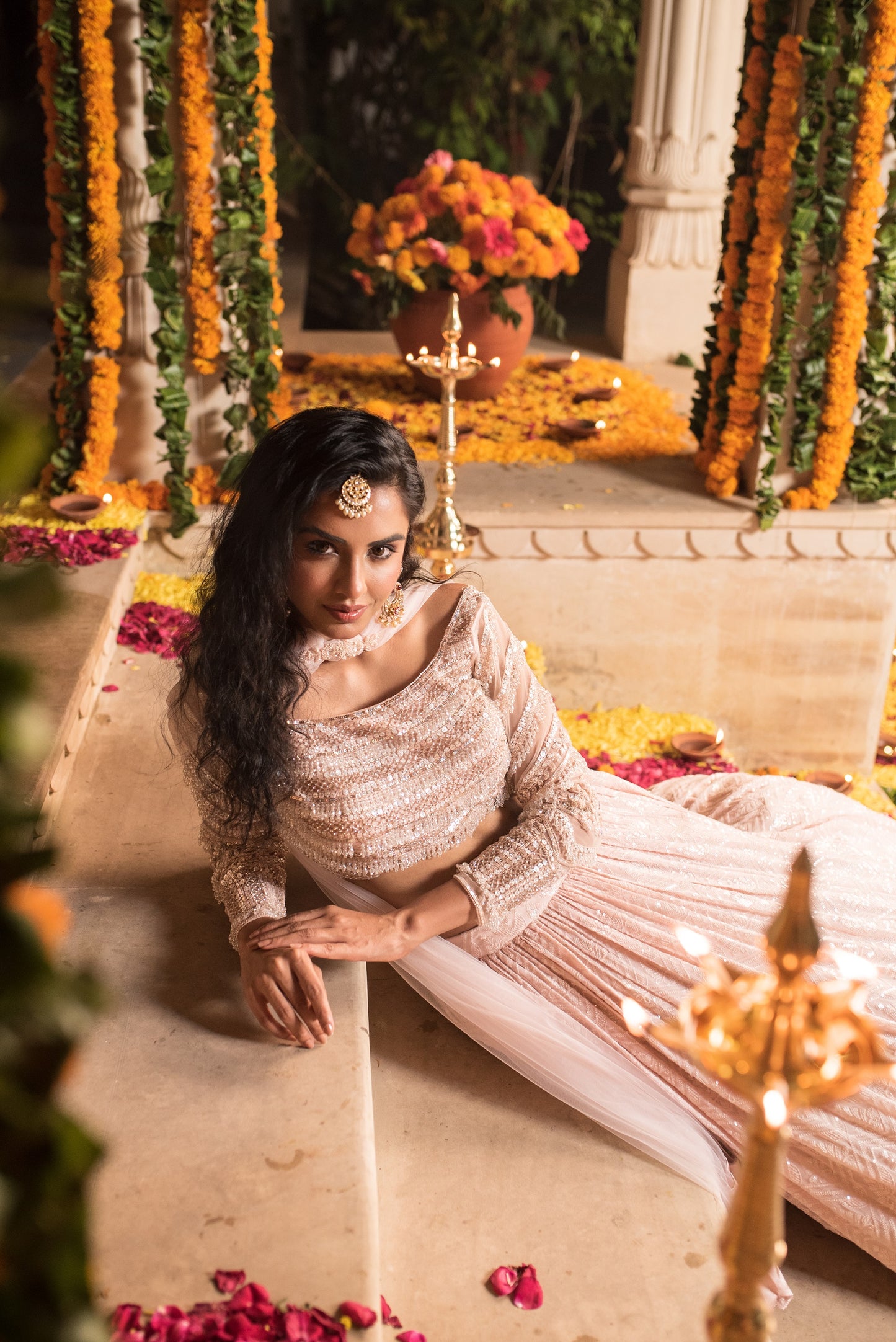 Baby Pink  Moti Embellished Crop Top With Skirt And Dupatta