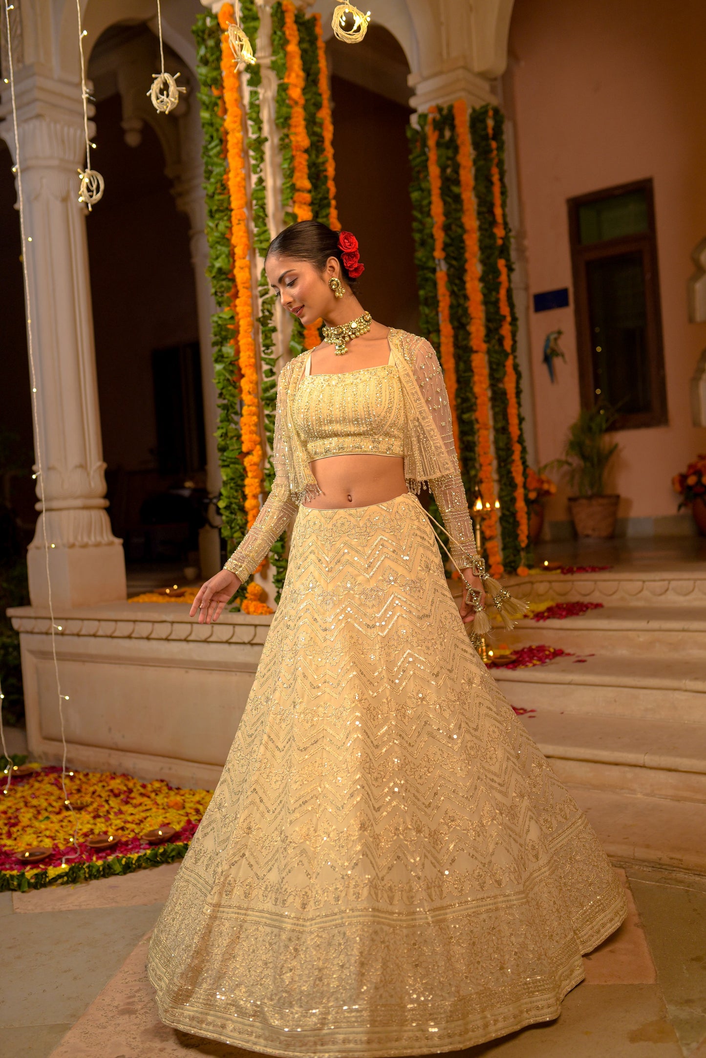 Pearl White Georgette Embellished Skirt With Crop Top And Cape