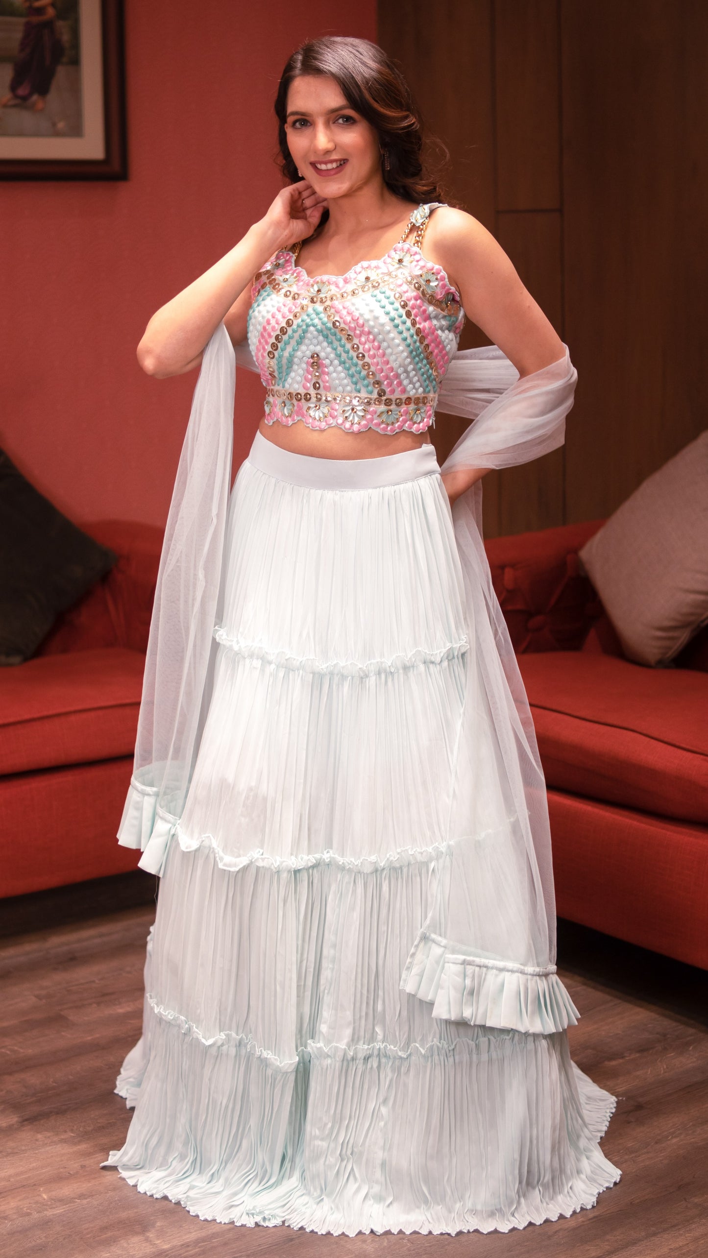 Baby Blue Crop Top With Skirt And Dupatta