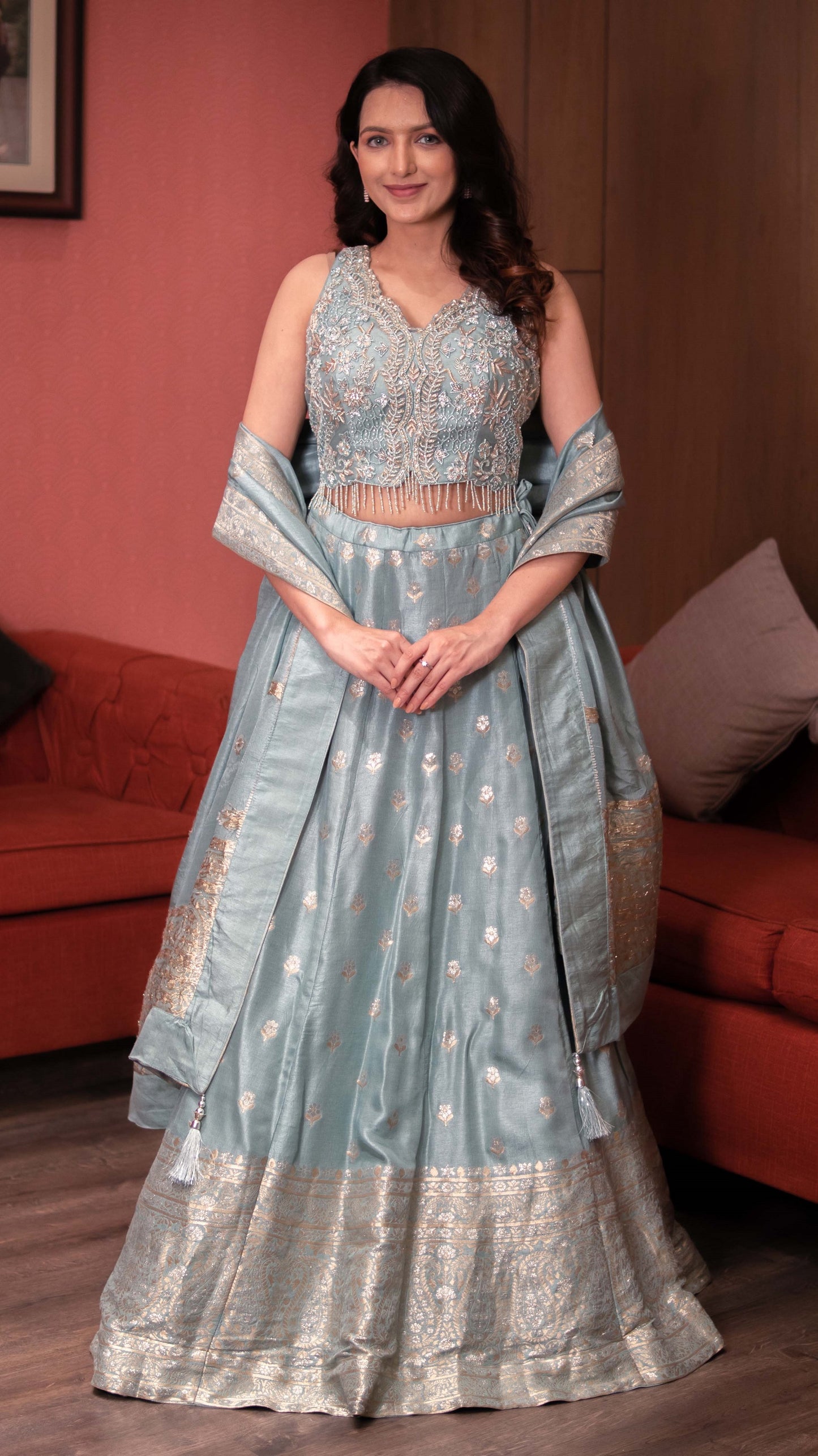 Aqua Green Raw Silk Banarasi Skirt With Crop Top And Dupatta