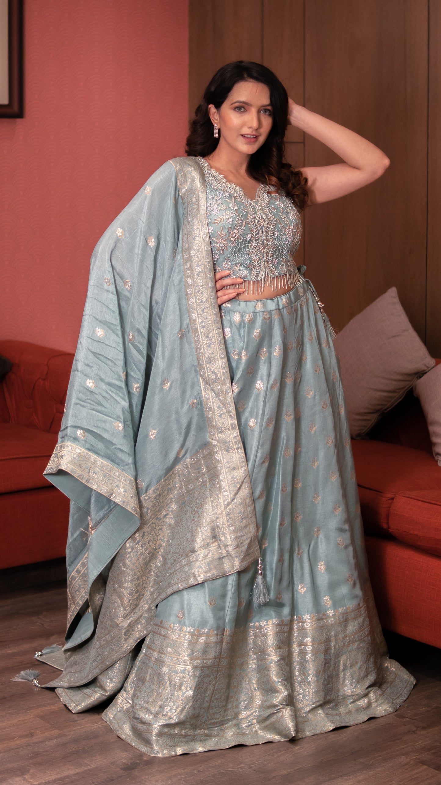 Aqua Green Raw Silk Banarasi Skirt With Crop Top And Dupatta