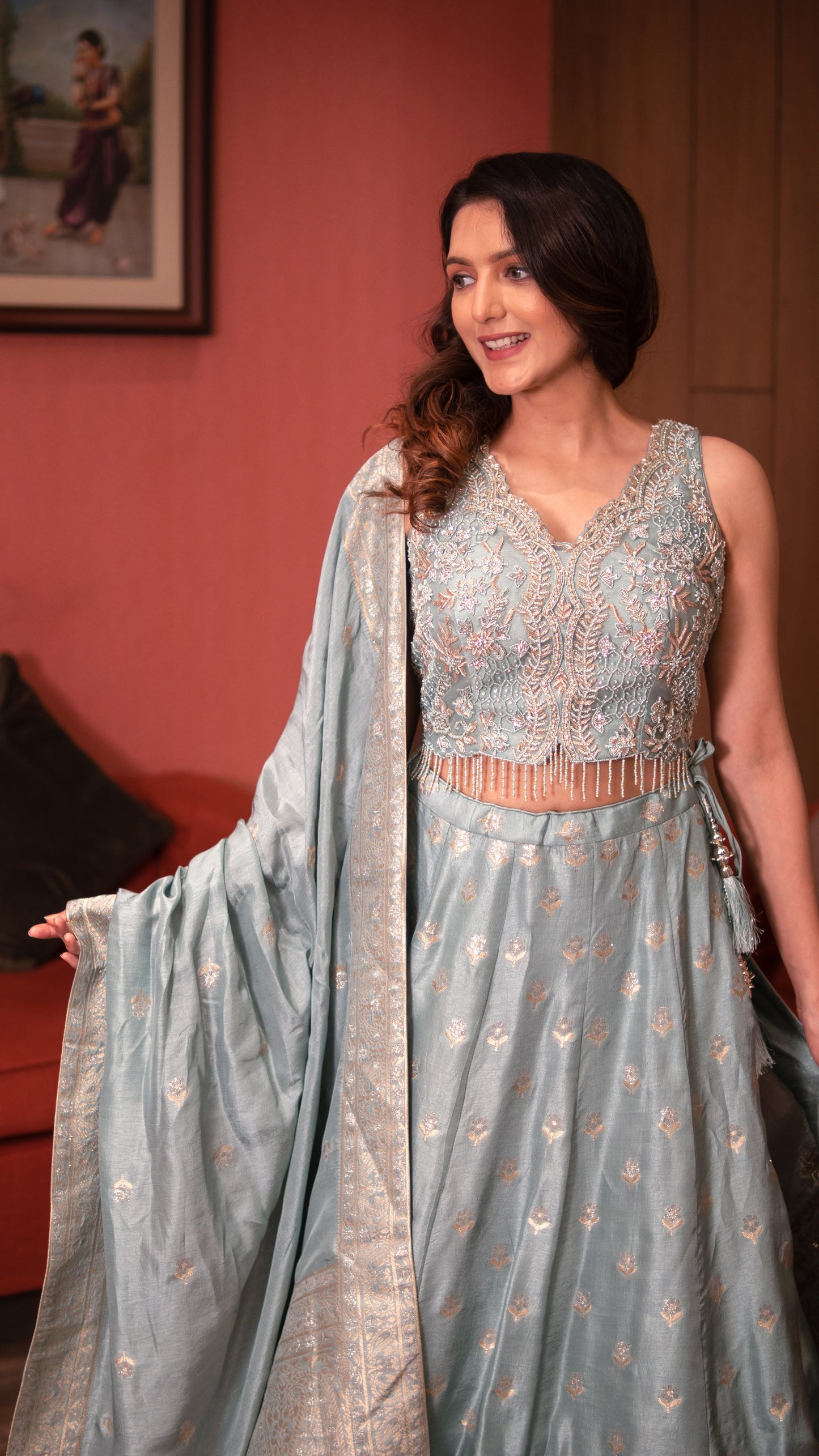 Aqua Green Raw Silk Banarasi Skirt With Crop Top And Dupatta