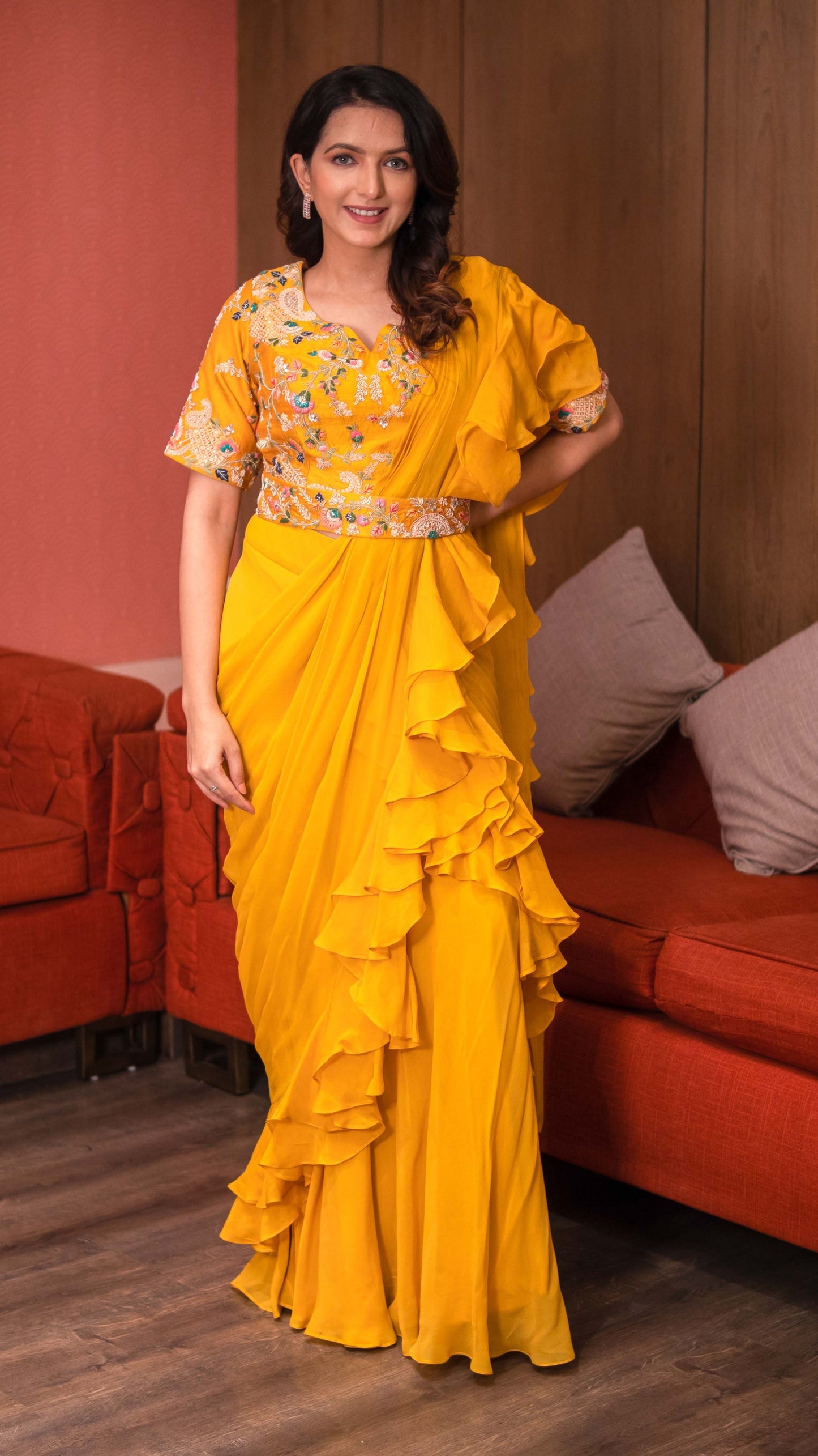 Mustard Yellow Raw Silk Drape Saree
