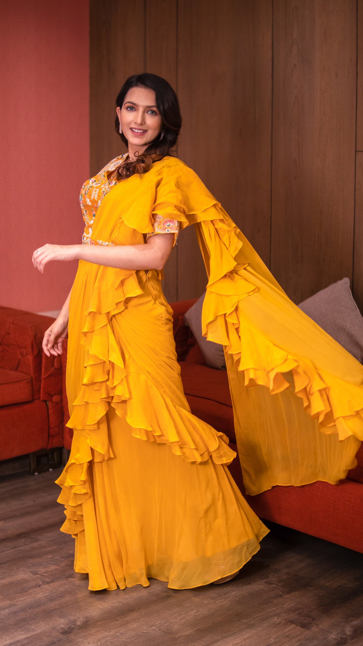 Mustard Yellow Raw Silk Drape Saree