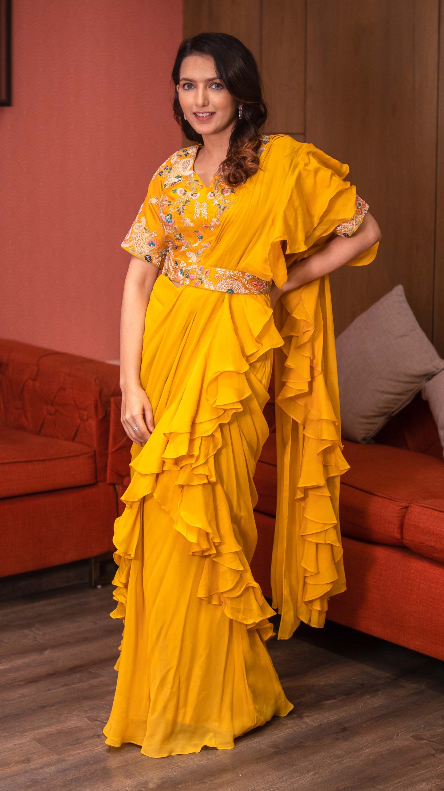 Mustard Yellow Raw Silk Drape Saree